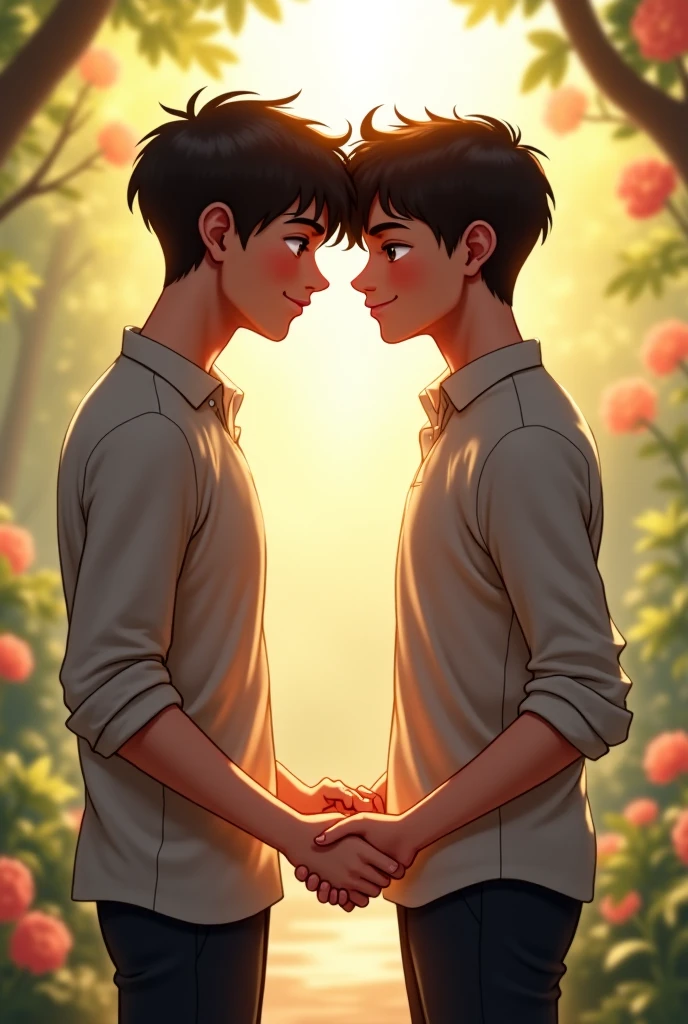 Spring season as an album cover, related to love and 2 boys in love, looking into each other's eyes