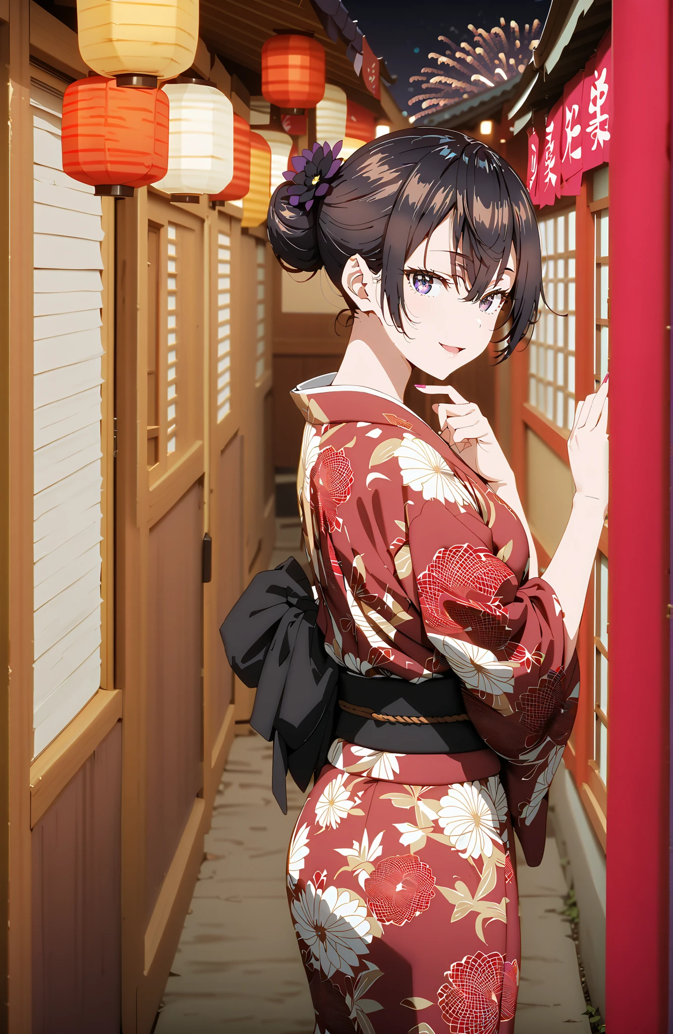 yuki suou, bungs, brown hair, black hair with a young pattern,side lock, smile,cover,open your mouth,single bun hair,Nape, o, purple eyes,flower hair ornament,Black flower pattern kimono,Light up fireworks,Japanese stalls ,night,Red Lantern,standing,full bodyがイラストに入るように,break outdoors,  Japanese Festival,
break looking at viewer,full body,
break (masterpiece:1.2),Best Quality ,Kampala,unity 8k 壁紙,(shape:0.8),( fine and beautiful eyes :1.6),It's a person ,full body写真,CG Details , (perfect hand,complete anatomy),