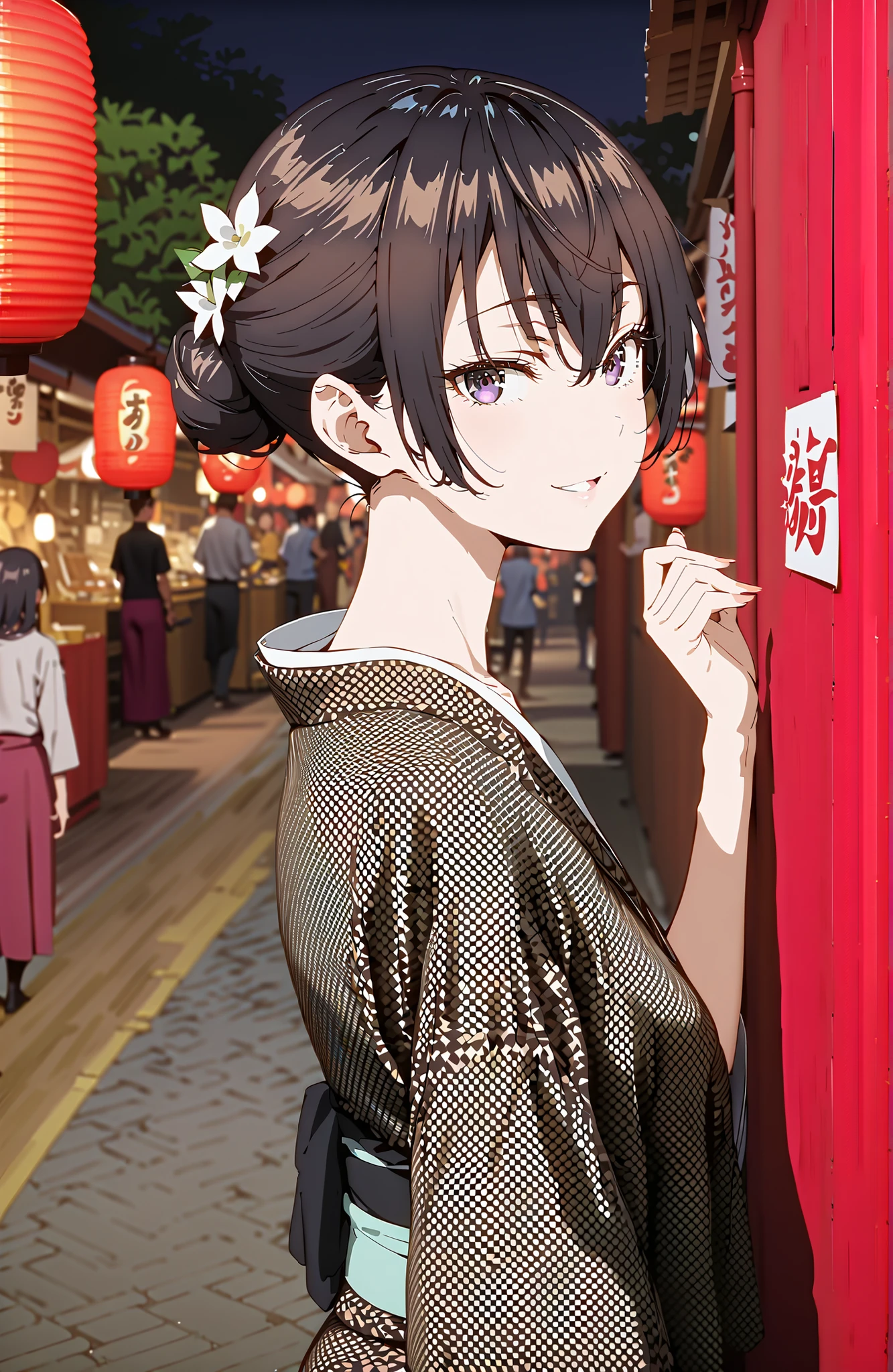 yuki suou, bungs, brown hair, black hair with a young pattern,side lock, smile,cover,open your mouth,single bun hair,Nape, o, purple eyes,flower hair ornament,Black flower pattern kimono,Light up fireworks,Japanese stalls ,night,Red Lantern,standing,full bodyがイラストに入るように,break outdoors, Japanese Festival,
break looking at viewer,full body,
break (masterpiece:1.2),Best Quality ,Kampala,unity 8k 壁紙,(shape:0.8),( fine and beautiful eyes :1.6),It's a person ,full body写真,CG Details , (perfect hand,complete anatomy),