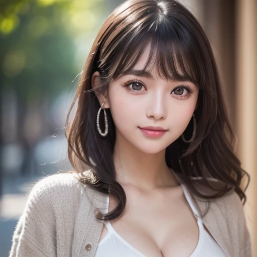 (8k, RAW photo, best quality, masterpiece, extremely detailed:1.2),(realistic, photo-realistic:1.4), sharp focus, detailed 8k background, soft light, cute Japanese idol, (detailed skin: 1.2), 20 years old, extremely detailed face, pale skin, brown eyes, smiling, earrings, looking at viewer, (gray winter coat:1.2), urban city, medium size breasts, shirt formal, lingerie, cleavage, morning