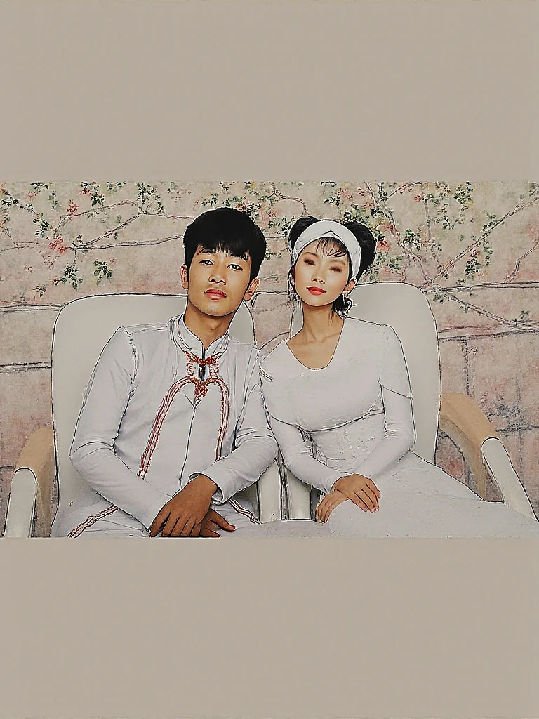(((1 korean young girl and 1 old korean man facing each other))), {(1 korean young girl), big breasts, strikingly beautiful, delicate facial features, porcelain skin, expressive eyes, black hair, red lips, (hairstyle of the 1980s), (her hair styled in classic pin curls), Visualize a vintage 1980s Korean washing machine advertisement. The setting is a cozy and well-lit room with pastel-colored walls. Centered in the scene is a brand-new washing machine with a glossy finish and visible brand logo. To the left of the washing machine, a youthful Korean woman, dressed in a stylish 1980s attire, beams with delight. Her hair is styled in the signature 80s big hair fashion, and she holds a bunch of clean}, white laundry, emphasizing the washing machine's efficiency, (((60 years old korean man wearing business suit))), (((60 years old korean man hugging on korean young girl's chest))), focus on old man,