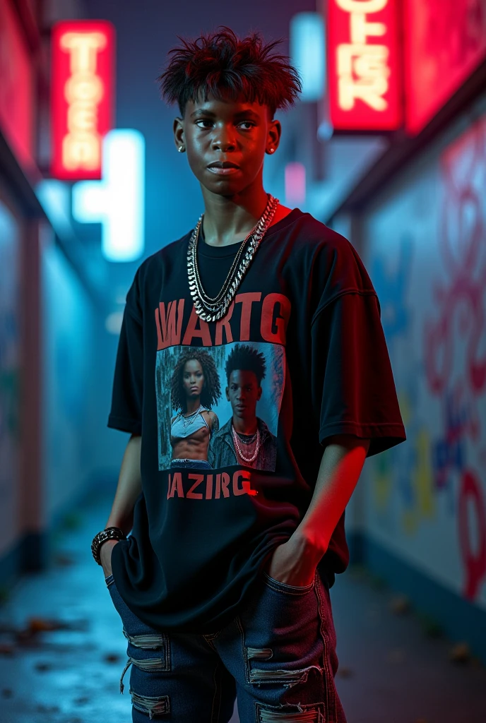 14 - 15 year old boy, black wavy fur, black eyes, thick mouth, skin turning white, dressed in a white sweatshirt, with a guitar pick shaped necklace, and black wide pants, round lenses