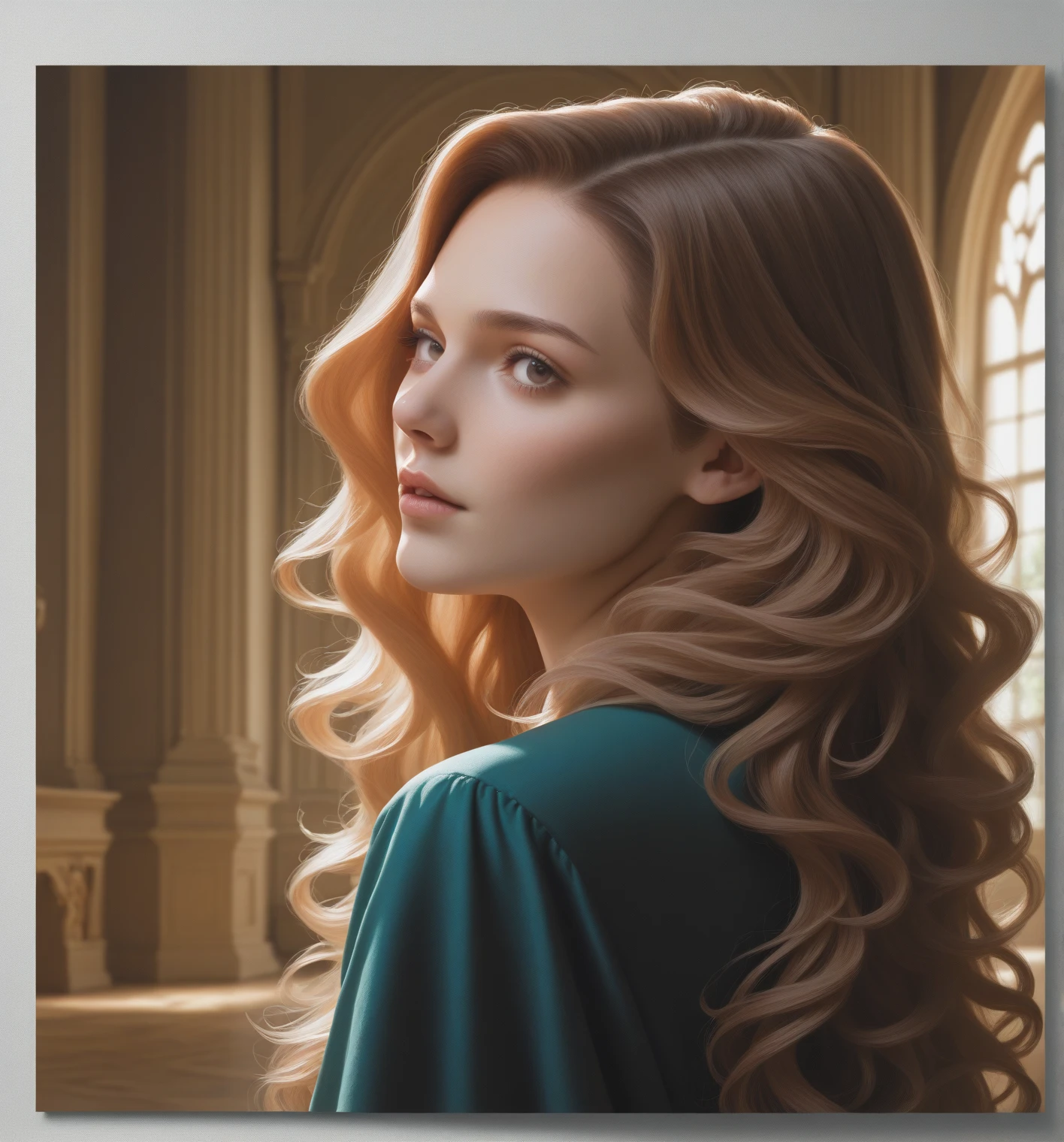 high weist portrait of blonde beautiful girl portrait that echoes her strength, resilience, and beauty. Feyre's portrait should frame her face, allowing her captivating features to take center stage. Start with her blue eyes, the windows to her soul. They are vibrant and expressive, reflecting a depth of emotions accumulated through her journey. Her strong jawline and high cheekbones reveal her determination and resilience, while her soft, full lips convey her capacity for love and compassion. Her long blonde, flowing hair should cascade around her shoulders, in light blue shimmery fantasy dress,(Stary sky in background) (zoom out) wide angle camshot