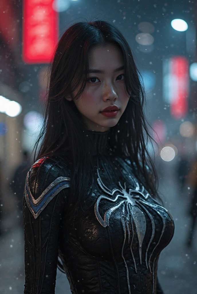 (black suit:1.2), (symbiote:1.3), (white venom symbol on her chest:1.3), (black goo all over her body:1.5), (black slime:1.4), raw photograph, realistic photo of ((a beautiful cute girl symbiote with white hair)), (detailed face), sunset, sweaty, post-apocalyptic, long hair, cyberpunk, photorealistic, photo, masterpiece, realistic, realism, photorealism, high contrast, photorealistic digital art trending on Artstation 8k HD high definition detailed realistic, detailed, skin texture, hyper detailed, realistic skin texture, armature, best quality, ultra high res, (photorealistic:1.4), high resolution, detailed, raw photo, sharp re, by lee jeffries nikon d850 film stock photograph 4 kodak portra 400 camera f1.6 lens rich colors hyper realistic lifelike texture dramatic lighting unrealengine trending on artstation cinestill 800, <lora:Symbiote:0.65>