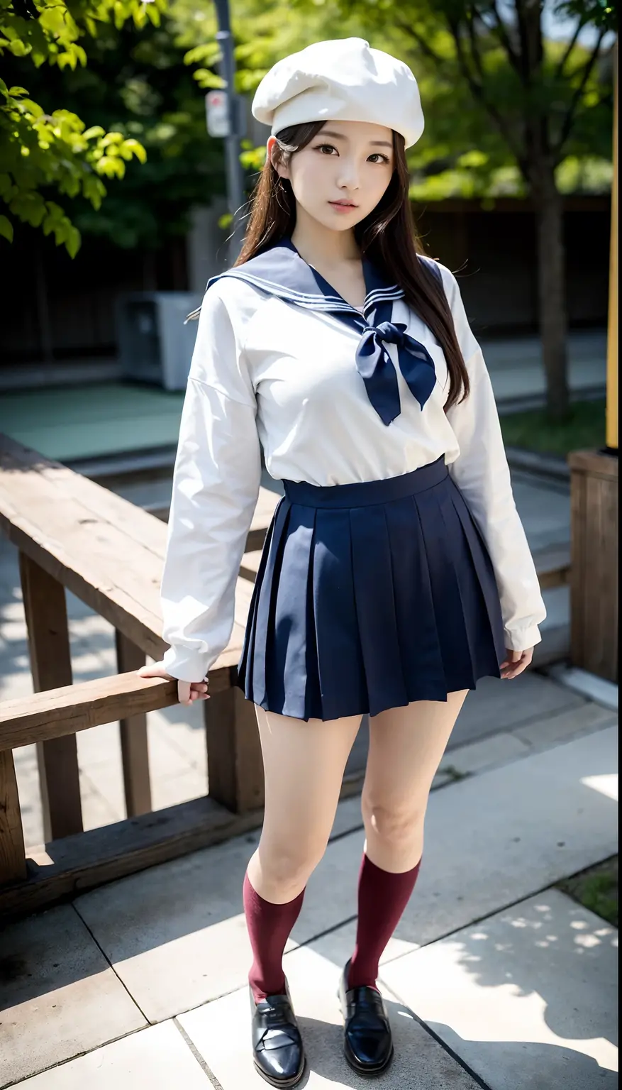Masterpiece、highest quality、Woman 1、Super detailed、真下からceilingを見上げた図 Black Hair Face seen from below Japanese 、Sailor suit、Pleated skirt、Skirt over swimsuit Soft thighs、Thick legs、stomach skirt lift、Swimsuit under skirt ceiling