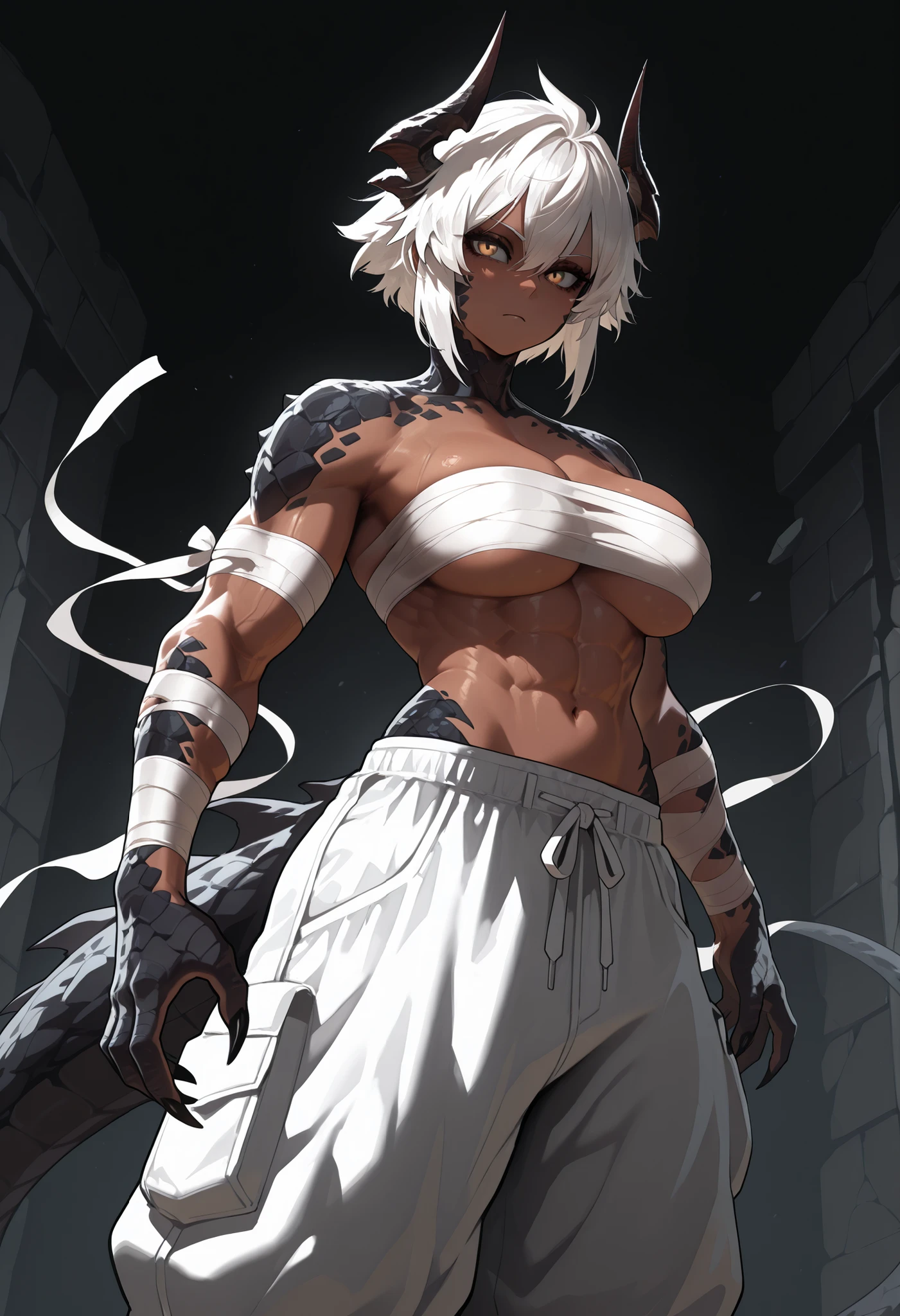 muscular creature, dark horns, yellow eyes, short spiky white hair, short hair, (Bandaged breasts wearing baggy pants:1.3), dark scales, wrapping her hair, pants, humanoid arms with sharp claws and scales, silver scales on arms and legs, calm pose, athletic, dark skin tone, BREAK background is simple and muted, with a gradient effect and soft, neutral tones.