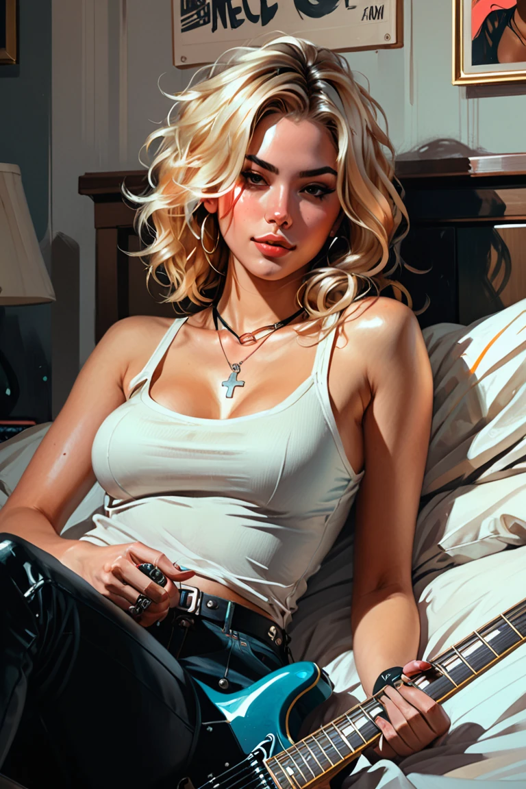 sexy girl, blonde long wavy hair, small breasts, in panties and tight t-shirt, marked nipples, candlelight, dim light, very little light, very sexy on a sofa with many cushions, she looks at us lasciviously, (art inspired by Bill Sienkiewicz , oil painting)