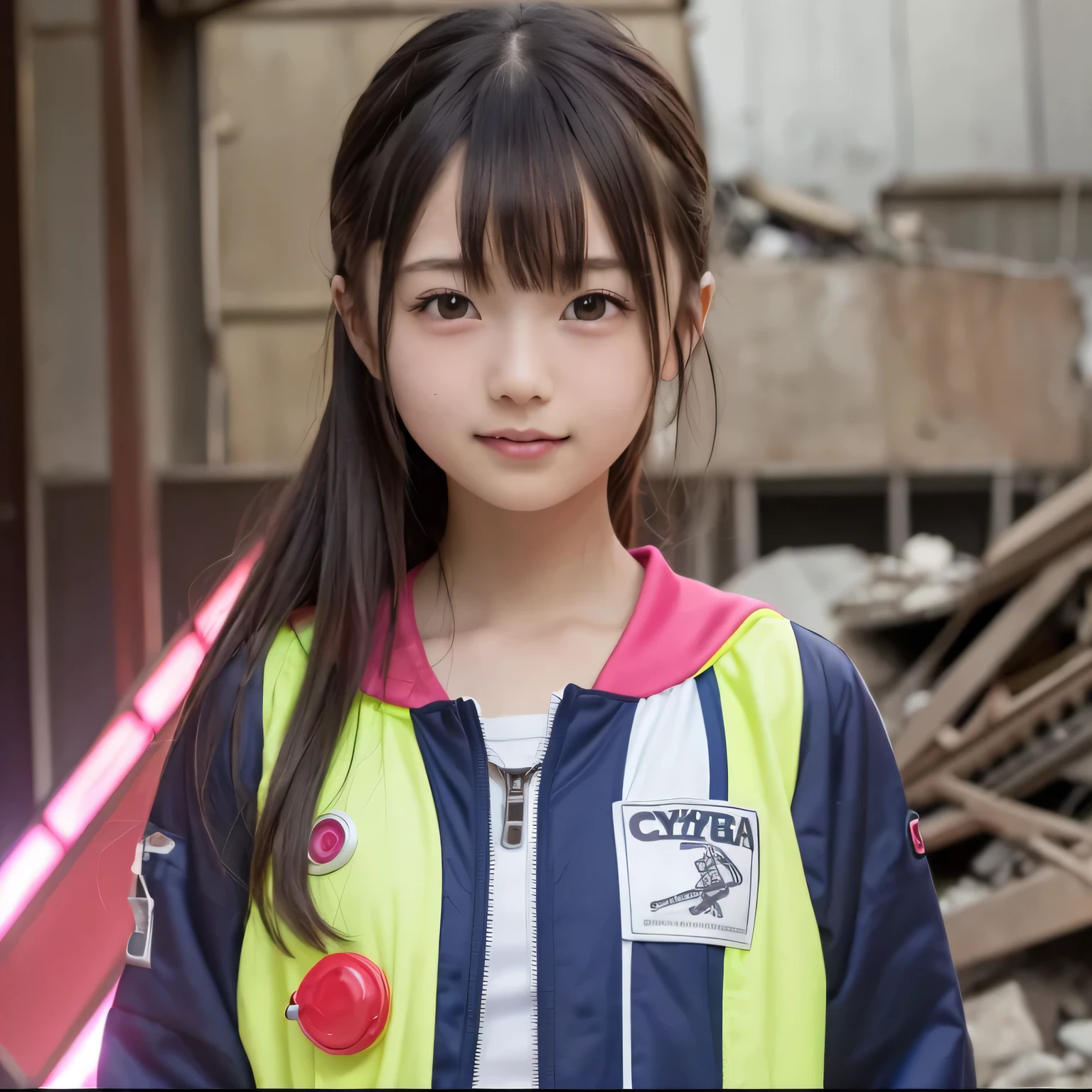 bright _ fantasy , cyberpunk,((( stained glass window )))、((( smooth, Straight Hair ))),(((Big Face))),(((Rubble Street ))),((( street scenery is buried in rubble ))), ( Best Quality , masterpiece),white, 1 girl with small breasts ,Mechanical Wonders ,The presence of robots, mechanized guardian in an old mecha suit,((( is wearing a colorful machine cybernetic jacket with cool fluorescent colors))),city, Best Qualityのデジタルアート, Amazing Art , wallpaper 4k, high image quality , Military robot ,Military, (War Zone),black and white, Best Qualityのデジタルアート, Amazing Art , wallpaper 4k,8k,64k, high resolution, unparalleled masterpiece, dynamic lighting, movie, amazing, Damaged machine parts,((( upper body picture))),((( Shirtless in the lobby ))),((( Amazingly Cute Face ))),(((nipple details)))、(((small breasts)))、((( young girl))),((( light brown hair)))、(((5age girl )))、、((( sexy&excited smile ))),((( skinny ))),(((10age))),((( Raised Ribs ))),(((I'm wearing a colorful machine cybernetic jacket with a cool fluorescent color that stands straight without posing))),(((small areolas)))