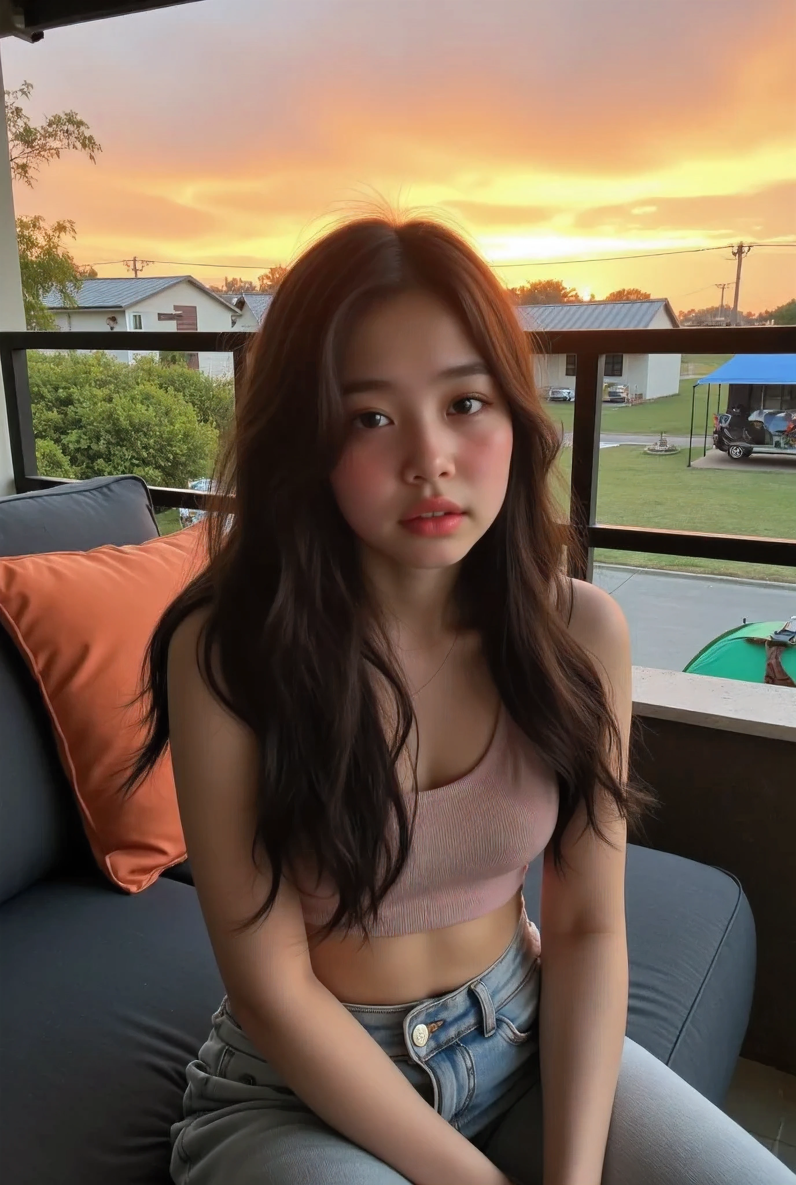 Amber autumn sunset, a young korean-Filipina tween girl, appears to be aged 14, weight 40kg, long hair, light skin,good quality, Sexy photo of a girl sitting on the outdoor couch at the veranda at her cozy and inviting countryside home, Suburban setting with view of houses and shops from the veranda, Only one tent is visible in the photo, Nikon Z8 + NIKKOR Z 24-120 mm f/4 S, realistic,life-like skin texture,symmetrical,aesthetically pleasing,cinematic composition,detailed portrait,photorealistic,masterpiece,ultra-detailed,sharp focus,physically-based rendering,extreme detail description,professional,vivid colors,high resolution,4K,studio lighting,dramatic lighting,dramatic shadows,dramatic atmosphere,dramatic background,dramatic pose,cinematic framing,cinematic lighting,cinematic camera angle,cinematic depth of field,moody,dark,chiaroscuro,dramatic color palette,dark and moody,dramatic colors, cozy cotton pants 