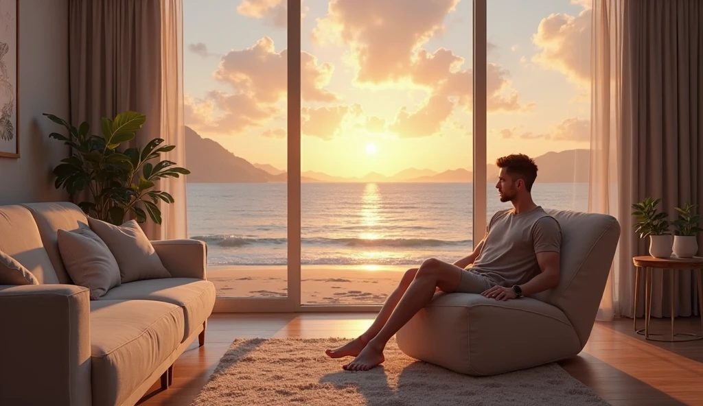 Man sitting on a chair on 21st floor of building with a large window on both sides of the room
With a view of sea and beach in golden hour
With naked girl
