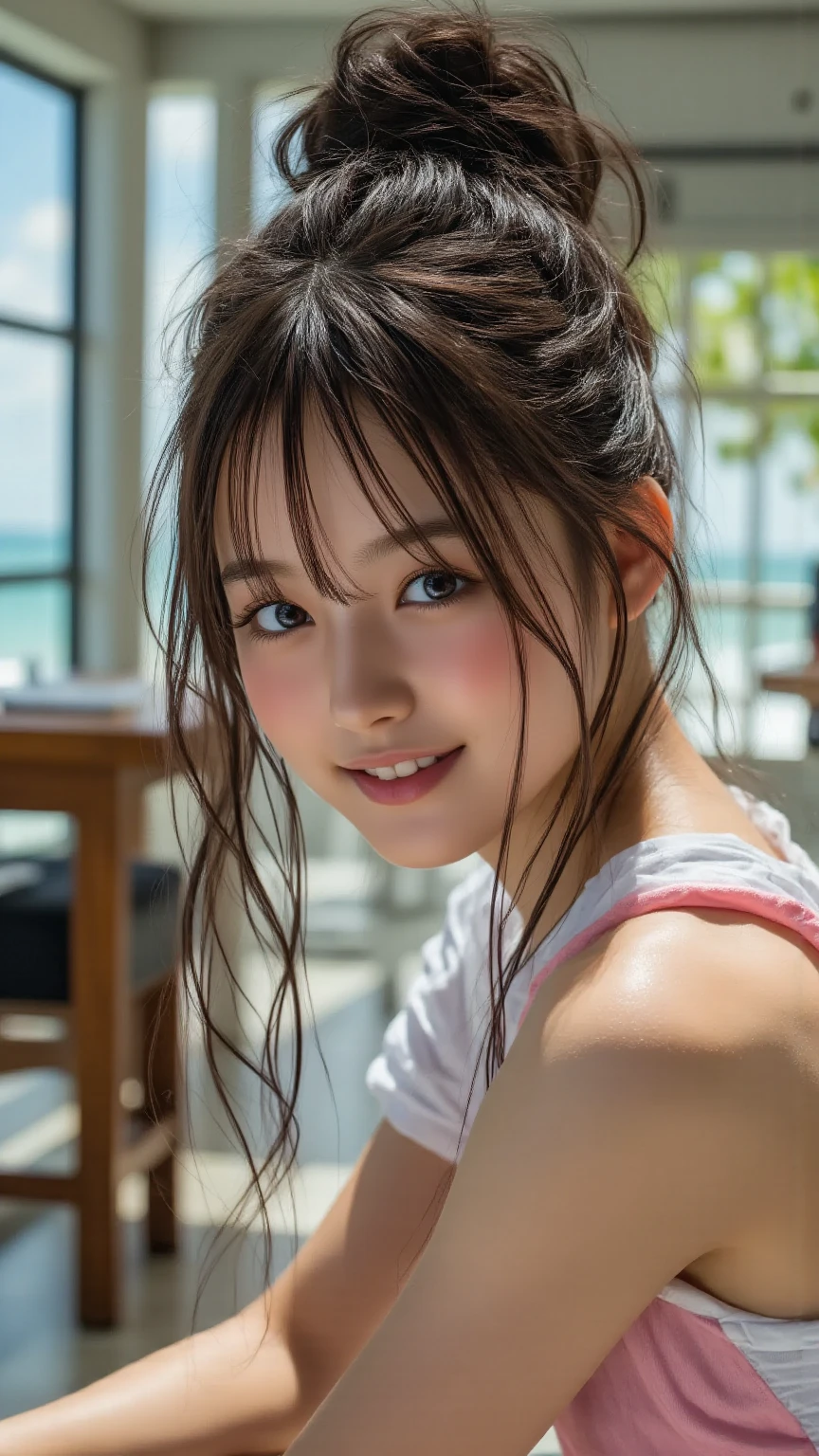 Highest quality, masterpiece, Ultra-high resolution,8K, (Realistic:1.6), (Facing portraits) RAW Photos, 1 Girl,((Portrait of a woman taking a shower on the beach:1.4)),((Shower splashes)),((Full of smiles, Showing teeth)), 22 years old,((Belly button fashion)),((Chibi T-shirt,bikini)),((short hair)),((Looking up at the audience)),Face Focus:1.4,((Shot from above:1.4)),((Cold shower)), Image Media Chest)),((Smiling with teeth showing)),