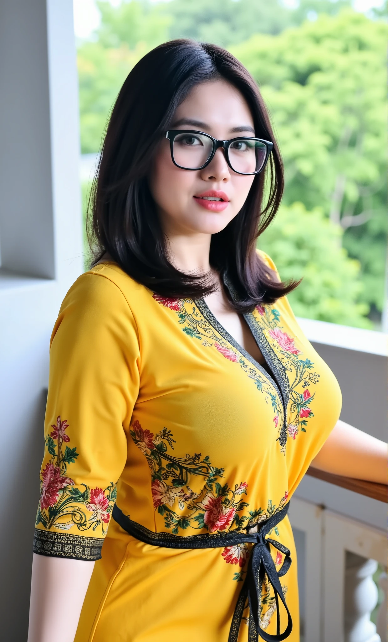 (Masterpiece: 1.2, Best Quality), Realistic, (Realistic Picture, Complex Details, Depth of Field), Best Quality, Masterpiece, Highly Detailed, Realistic, 1 mature, indonesian old wife, 55 Years Old, chest forward, big breasts, thin lips, beautiful and seductive, curvy body, perfect shape vagina, short hair, wearing hijab, wearing yellow kebaya, full body view, look at viewer, full photo, background balcony with nature scenery behind her, black frame glasses, look at viewer, sexy model style pose, standing on balcony, perfect fingers shape, perfect hands shape, nailarts,