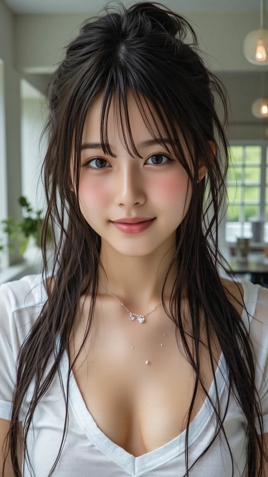 Highest quality、Masterpiece、High resolution、realistic lighting、photo、photorealistic、realistic eyes、realistic semen、 1 japanese girl、jpn-girl、bangs、short hair、large breasts,、(bukkake:1.2、Wet body:1.2、A shy smile:1.2)、One Woman、Cleavage、((((cum in hair:1.4、cum facial:1.4))))、teenage、sweater vest