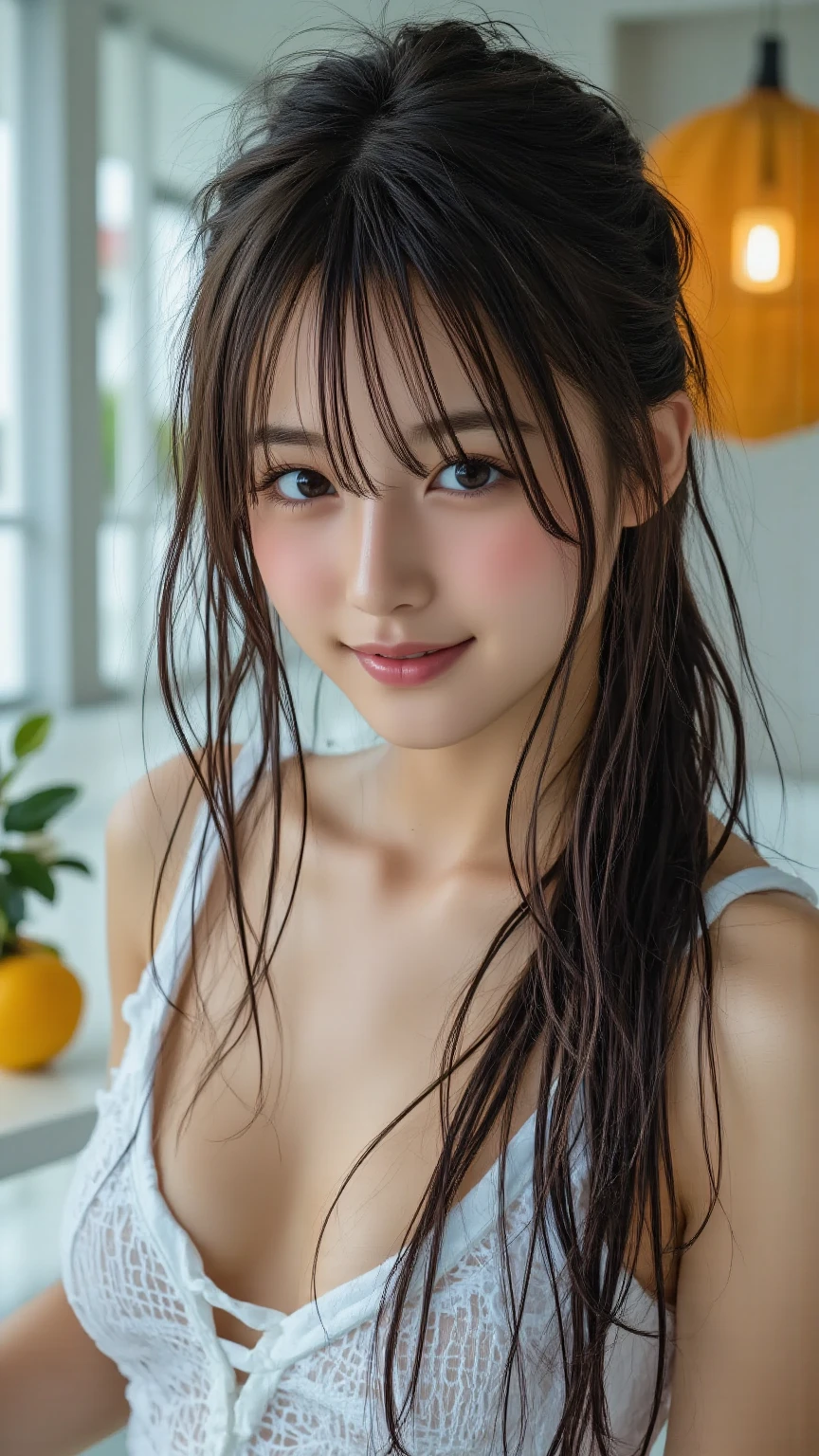 ((Highest quality、masterpiece、High resolution))、(((Zoom photo of upper body、A shy smile)))、(Wet Hair、Wet body)、A beautiful and slender 20 year old Japanese woman、Sportswear、Cleavage、Shorn bangs、Wavy Hair、room