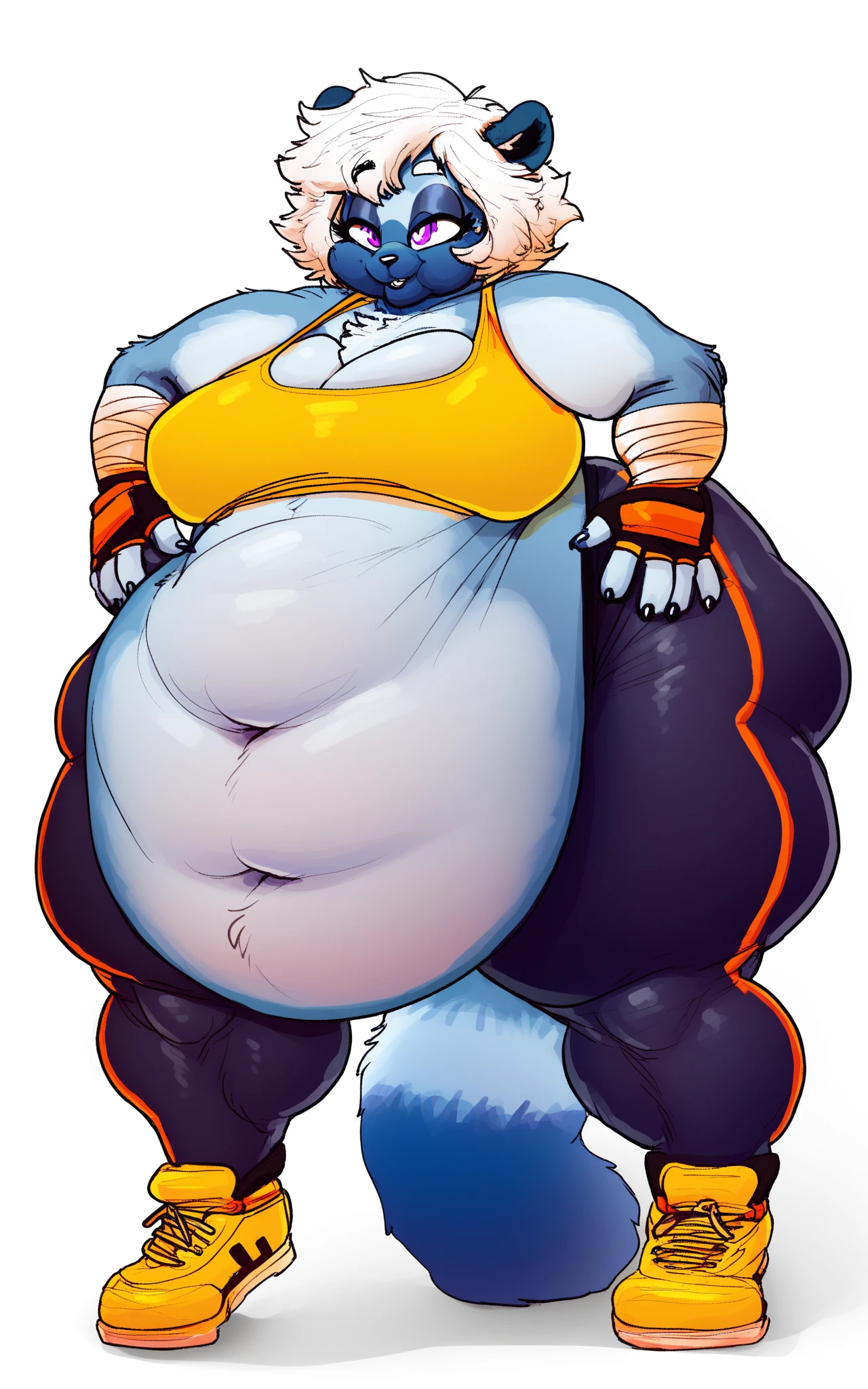 Malamute, female, long blue hair, black and blue body,, huge hips, huge thighs, plump, voluptuous,obese, gorgeous, beautiful, eyelashes, tank top, shorts,fat arms, fat legs, belly rolls, fat rolls, hip fat rolls, double chin, chubby cheeks , barefoot