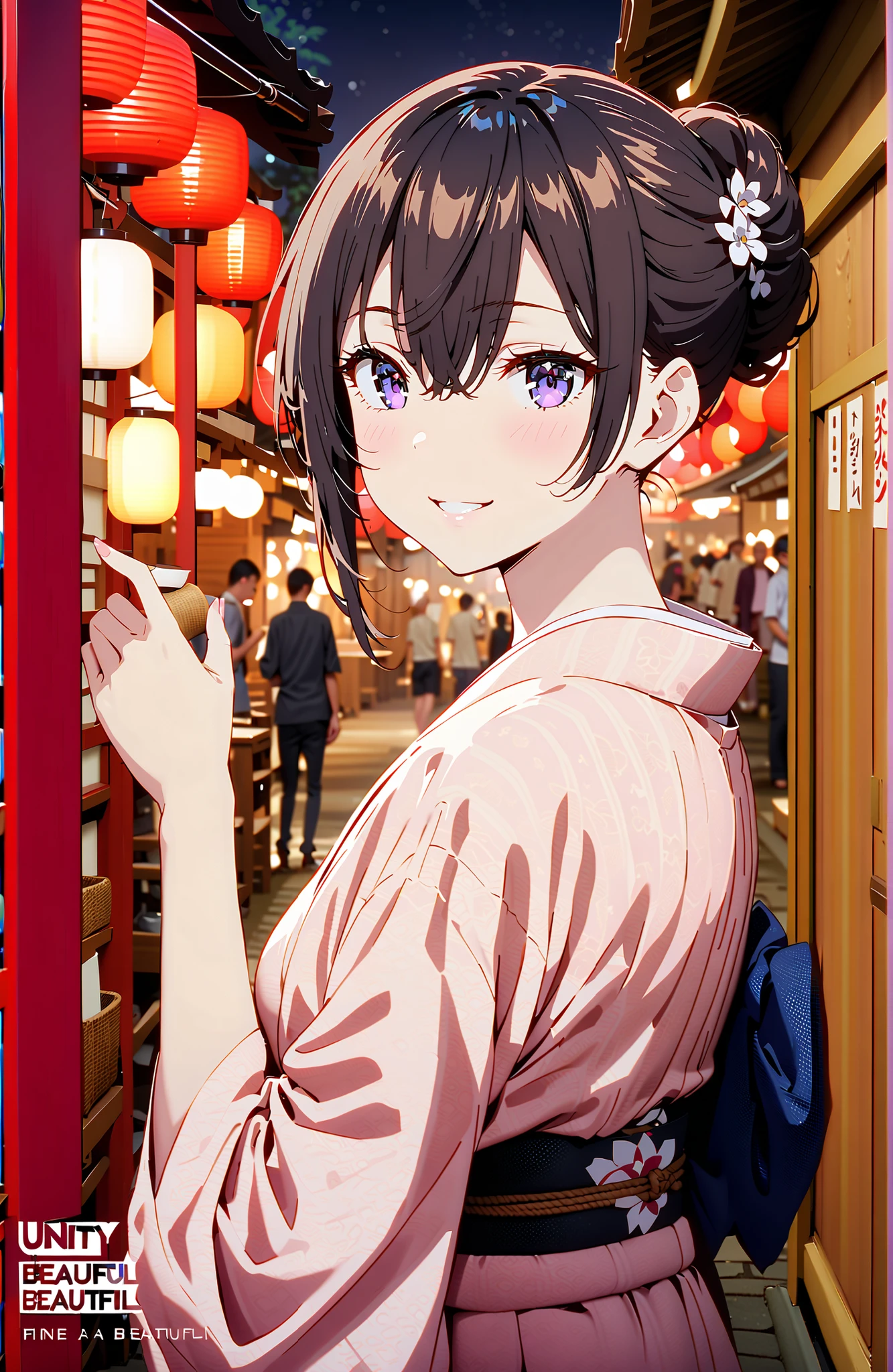 yuki suou, bungs, brown hair, black hair with a young pattern,side lock, smile,cover,open your mouth,single bun hair,Nape, o, purple eyes,flower hair ornament,Black flower pattern kimono,Light up fireworks,Japanese stalls ,night,Red Lantern,standing,full bodyがイラストに入るように,break outdoors, Japanese Festival,
break looking at viewer,full body,
break (masterpiece:1.2),Best Quality ,Kampala,unity 8k 壁紙,(shape:0.8),( fine and beautiful eyes :1.6),It's a person ,full body写真,CG Details , (perfect hand,complete anatomy),