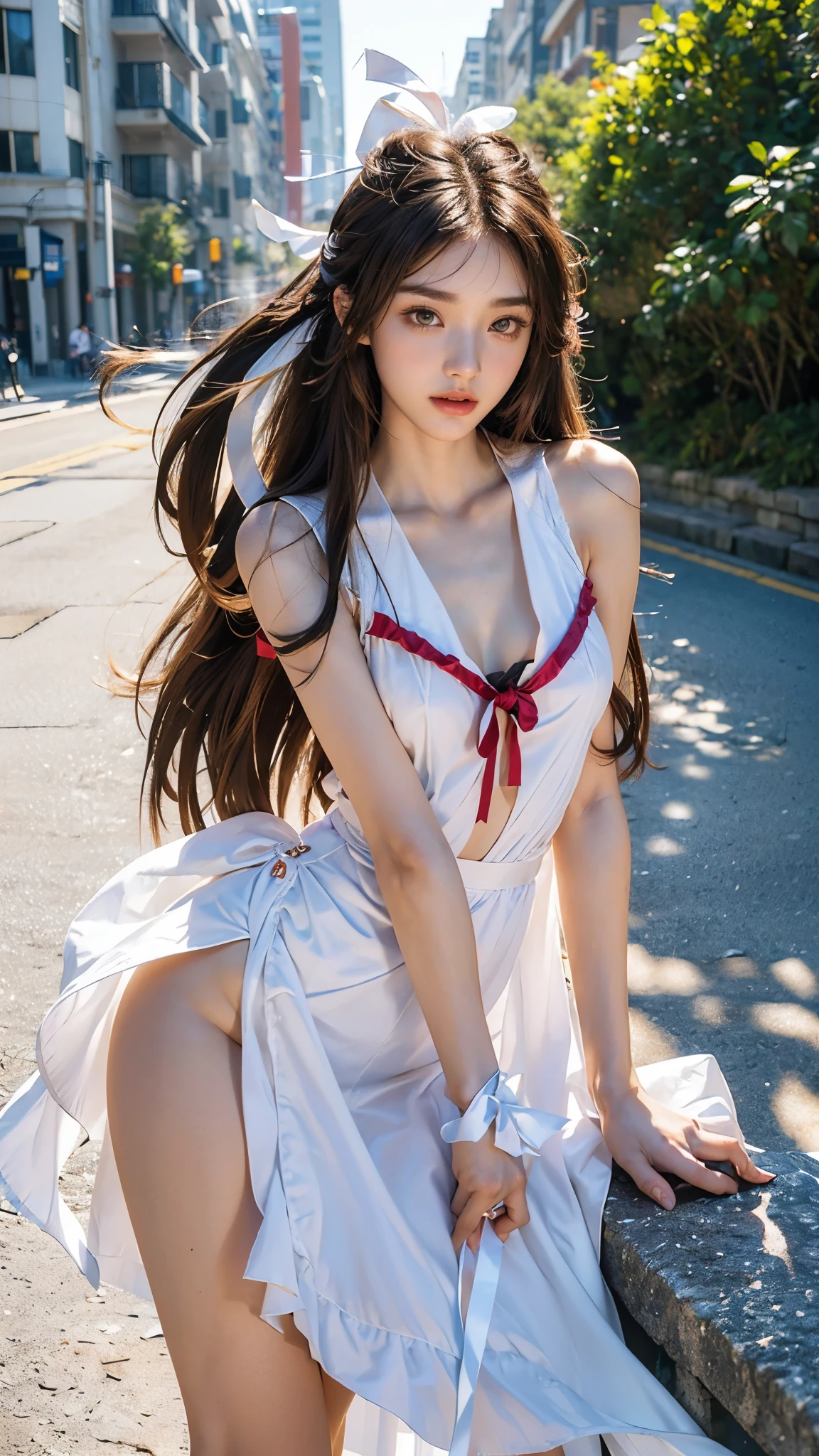 highest quality, masterpiece, ultra high resolution, (realistic: 1.4), RAW photo, 1 girl, Glossy skin, (Super realistic details)), portrait, global illumination, Shadow, octane rendering, 8k, super sharp, big, Raw skin with exposed cleavage, Metal, intricate decorative details, very intricate details, realistic light, Trends in CG society, purple eyes, shining eyes, towards the camera, neon details, sitting, gundam, small led lamp, purple lighting from behind, (pure white thin shirt:1.4), (red lace mini bra), very thin fabric, (bright red mini skirt), Metalのヘッドセット, Light blue short-cut hair, shrine background,