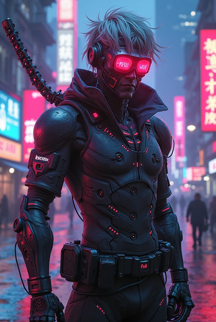 "dark theme :: closeup face focus, ultra realistic futuristic cyberpunk muscular male white hair sitting :: cyberpunk face (cyber eyes) :: cool cybernetic punk jacket red neon eyes :: shirtless:: mechanical intricate mask :: natural lighting :: bokeh :: 8k :: best quality :: masterpiece :: futuristic cityscape background"