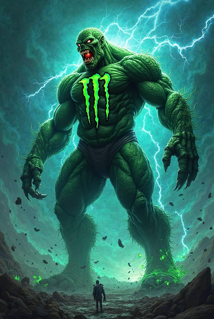 A green, muscular monster with red eyes, roaring. In the center of his chest, The Monster Energy logo in white. Black background with blue electric rays".