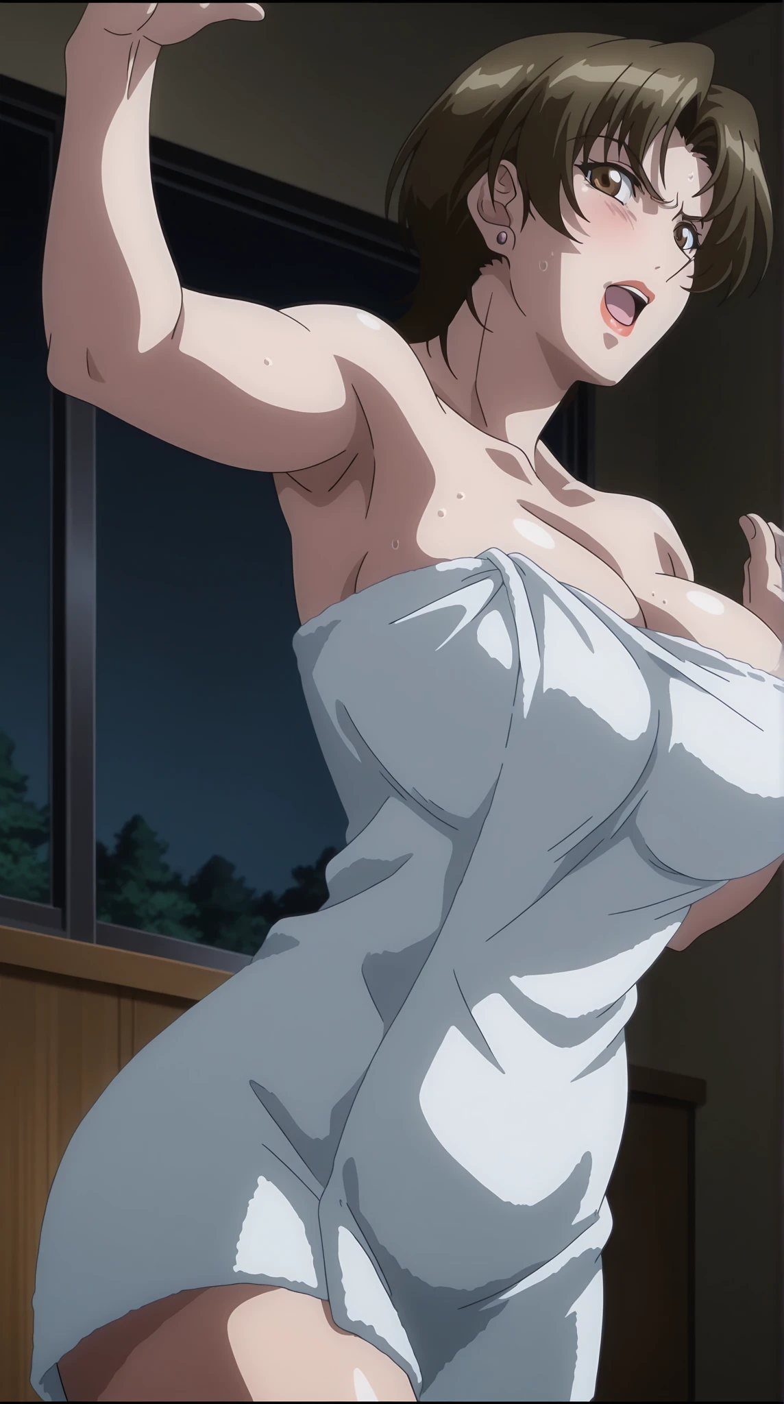 (Master Parts), (Best Quality), (ultra-detailliert), (Best Illustration), (best shade), Short hair, Orange hair, ((Brown-eyed)), Sugisaki Nohara、(Best Quality,4K,hight resolution,Ultra-detailed,1girll、Solo、Naked、The whole body is exposed、fullnude,raise two hands、skinny body、breasts,ribbed、glares、opened legs、musculature、abdominals、well-muscled、Mukimuki、Inter-strands、Look at viewers、sockes