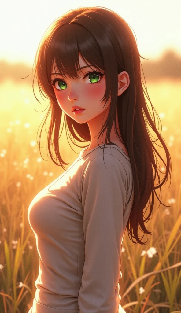 Best quality, 30 year old woman, medium breasts, brown long  hair, blue eyes, nude, sunset, upper body, sexy, angelic, see through, god rays, fluffy clouds, colourful flower field,, big booty, freckles, Cute
