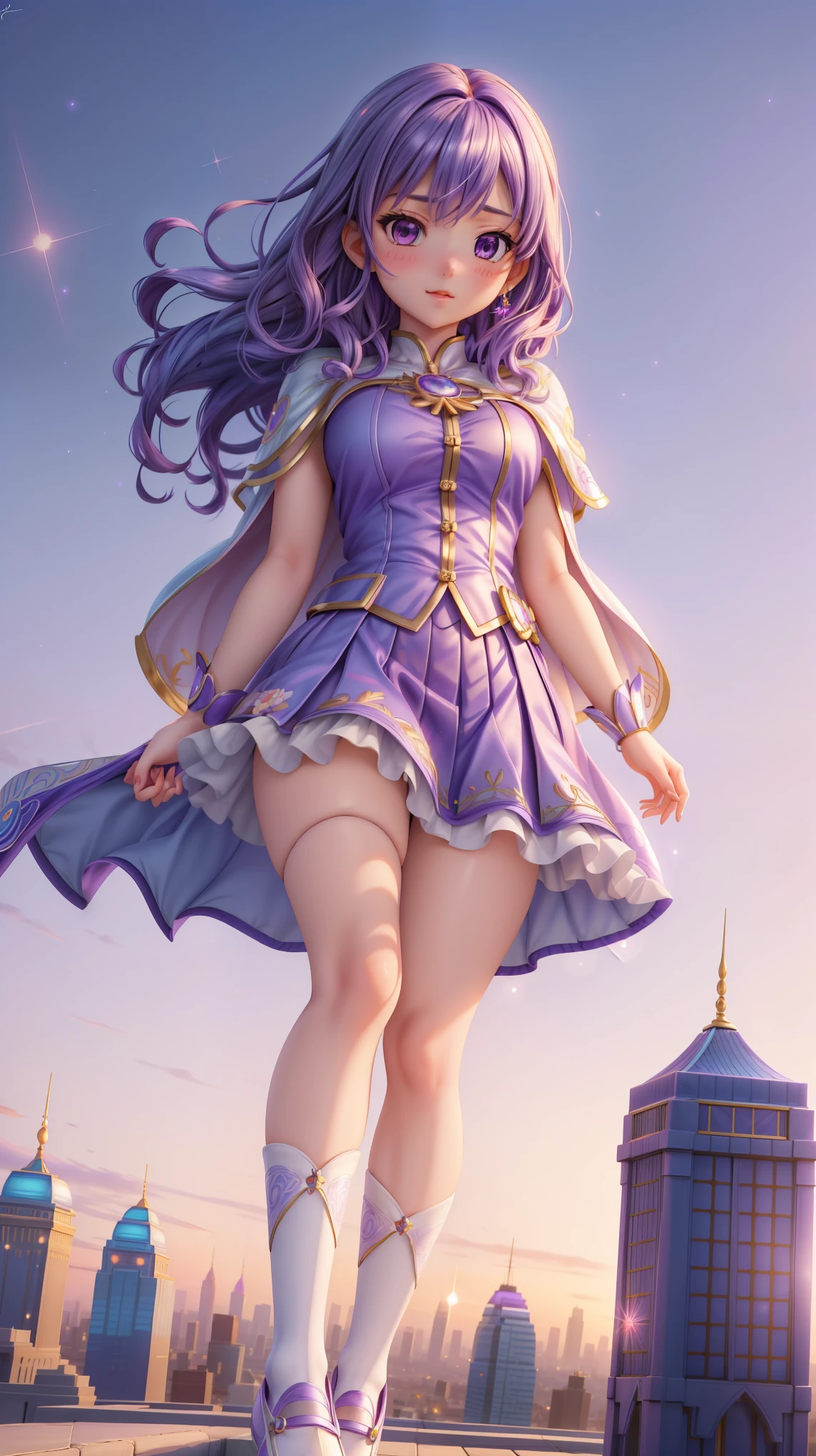 Ultra-realistic, hyper-detailed, 8K, photorealistic, vivid, masterpiece, shiny skin, firm skin, cute, slim body, very big hips, purple hair, blue-purple school uniform with short skirt and white blouse from Puella Magi Madoka Magica, knee-high white socks, black shoes, magical girl blue cape with intricate silver patterns flowing in the wind, urban rooftop background at sunset with a warm orange and purple sky, standing confidently with a gleaming silver sword in hand, close-up camera angle focusing on her striking features, determined expression with a hint of resolve in her furrowed brows, dynamic pose with one leg slightly forward and her cape billowing dramatically behind her, glowing purple aura emanating from her body casting a soft ethereal light, beautiful sparkling eyes with deep blue and purple hues reflecting the fading sunlight, Sayaka Miki’s signature short bob haircut with subtle waves framing her face perfectly, heroic vibe radiating strength and courage, delicate yet bold makeup enhancing her natural beauty, faint breeze rustling through her hair adding a sense of movement, distant city skyline with towering buildings silhouetted against the horizon, intricate details on her uniform like embroidered edges and polished buttons, soft shadows playing across her face for added depth, iconic blue soul gem glowing faintly at her chest tying into her magical girl identity, vibrant energy captured in every strand of her lustrous purple hair, subtle highlights of her firm skin catching the golden hour light, unwavering stance symbolizing her unyielding spirit from the anime, intricate textures on her cape and sword reflecting her battle-ready demeanor, serene yet powerful atmosphere enveloping the scene, timeless elegance blended with a fierce warrior essence, encapsulating Sayaka Miki’s unforgettable presence from Puella Magi Madoka Magica.