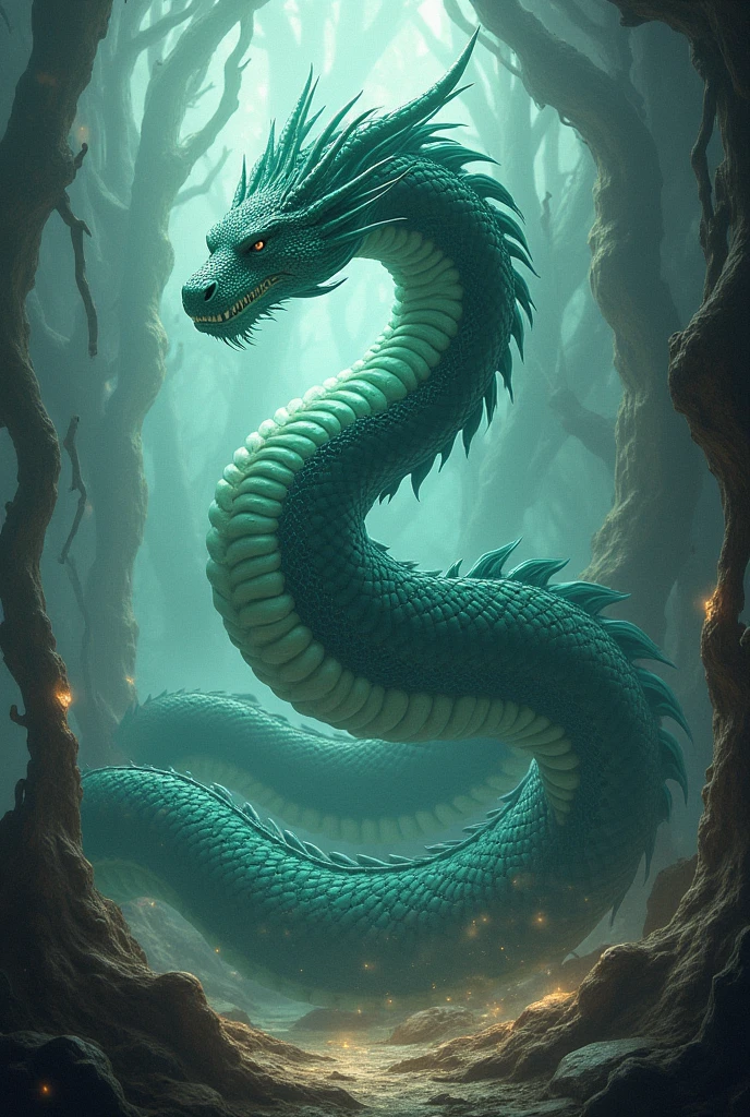 Create a personalized dragon that is green and black that is a mix with the Pisces sign and that is imposing and large.