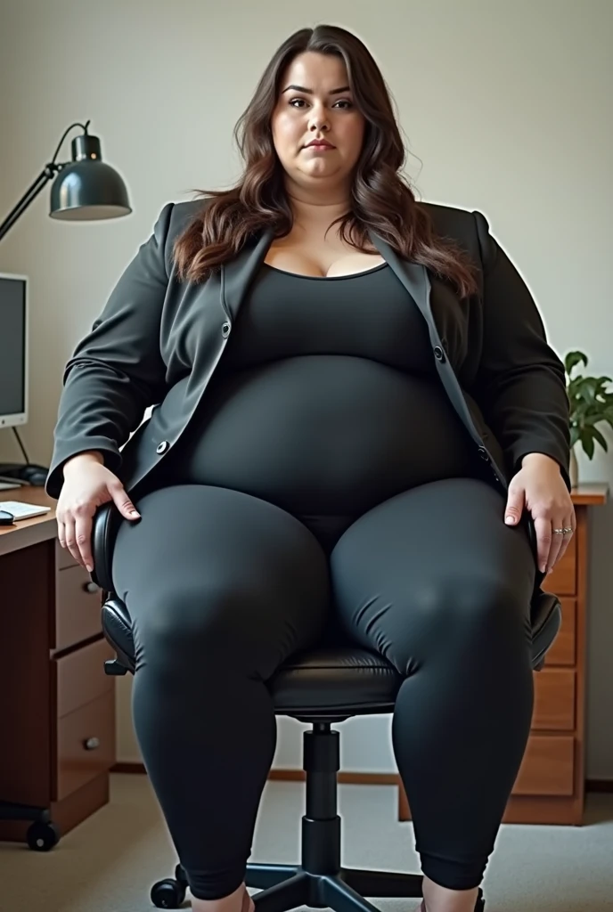 A photo of one: young extremely obese short white western girl with blond hair, with thick rimmed glasses, with a pretty face and extremely fat double chin, wearing a too small white tank top showing the skin of her fat tummy, and bright red leggings, with very wide hips and a very fat lower body, with extremely obese legs, with white skin, with visible realistically drawn stretch marks on her tummy, lifelike fat tummy with fat rolls, no vertical fat tummy rolls, non-swolen tummy, with only one belly button, belly button lower on her tummy, hips bigger than her waist, sitting in an extra wide office chair, indulgently eating donuts at her office desk