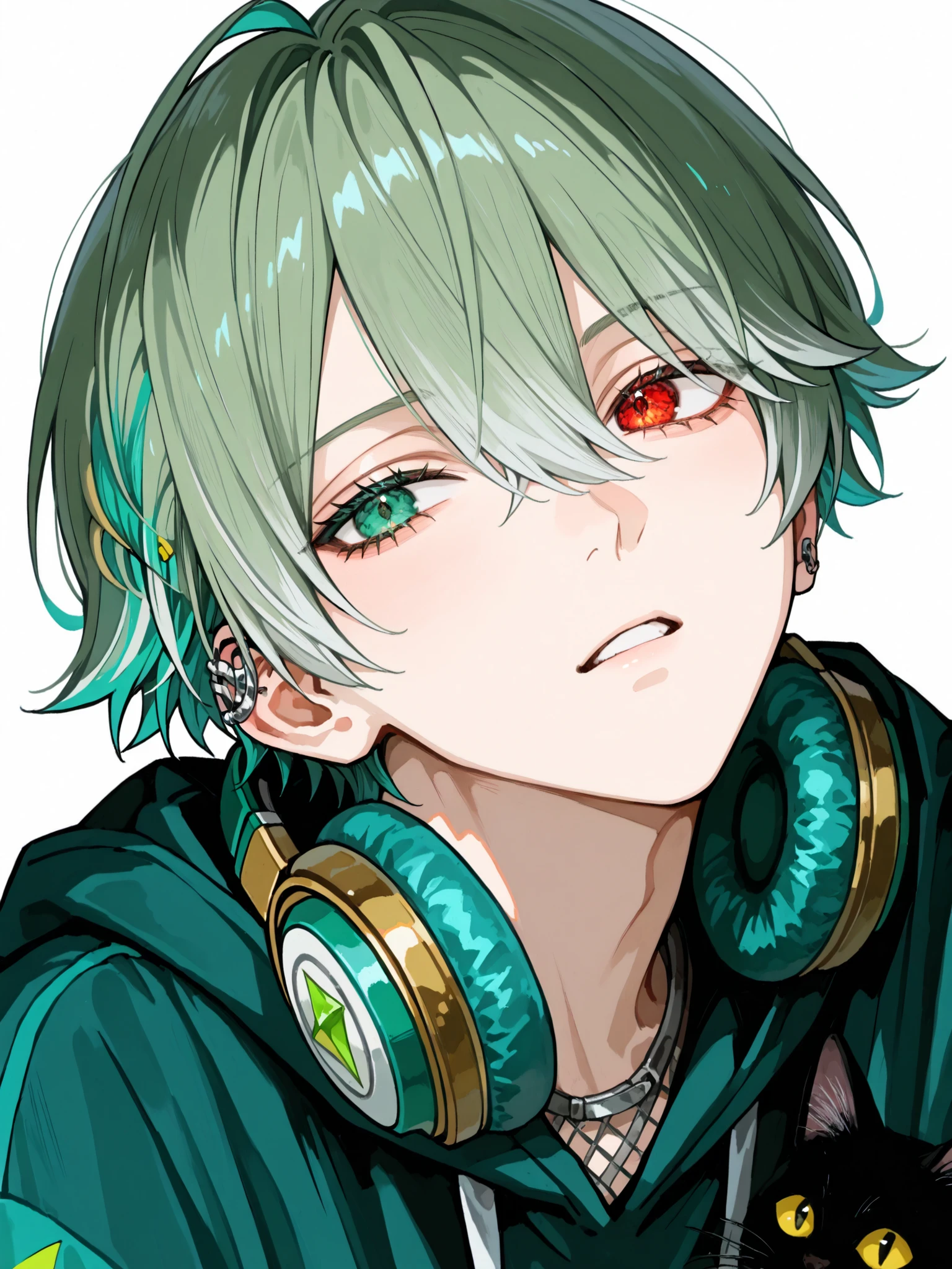 Best Quality,high resolution,male性,one person only,人物はmale性一名のみ,male!!!,
Hair color is ash green,short hair,Close to mash,Her hair is short,
with only one thin beige mesh on the right side of the hair,
easygoing face,and black cat ear headphones with an emerald line are worn around the neck,
The eye area is gentle,Change eye color to beige