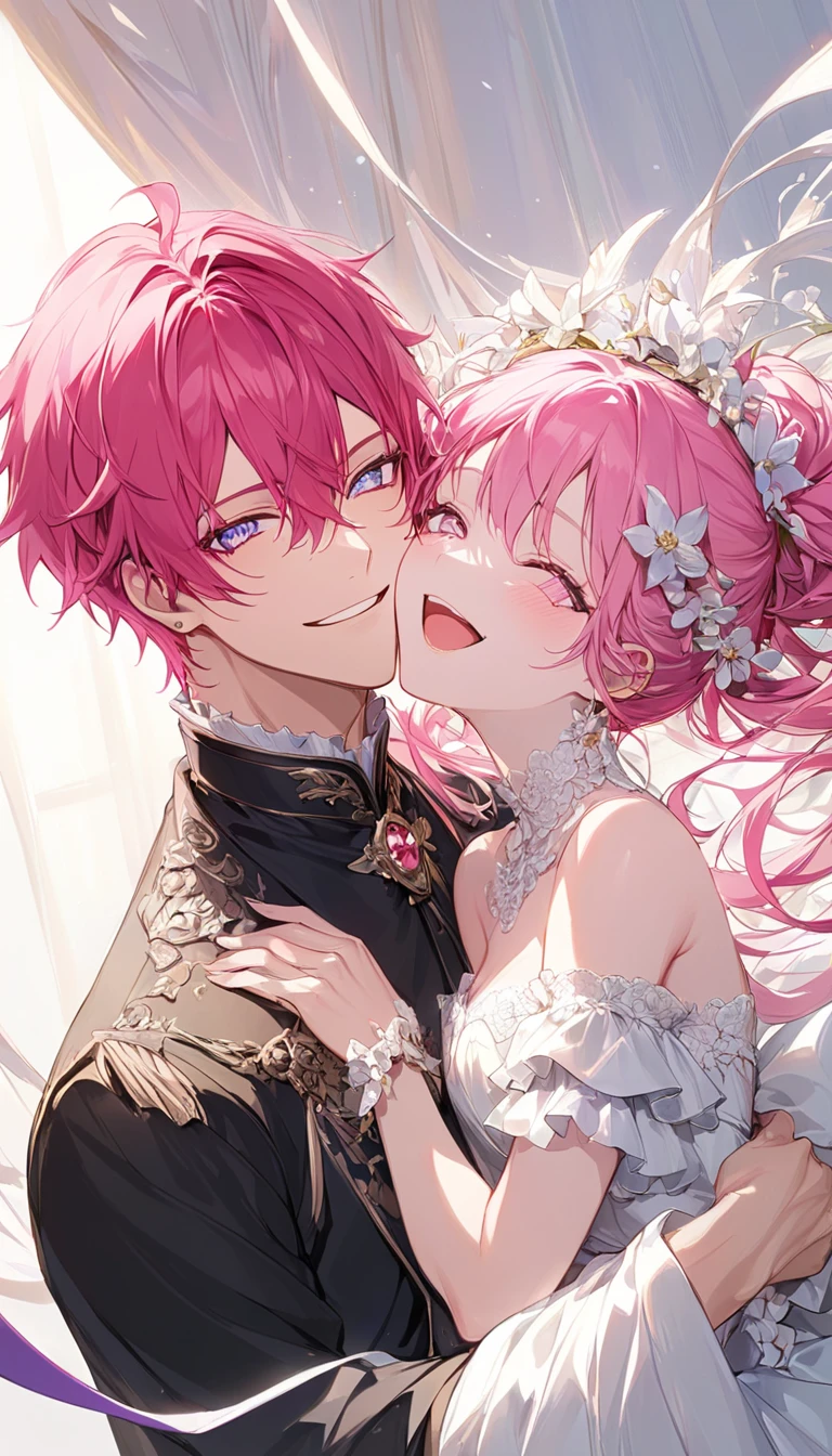 Rosa, 18 years old, long light pink hair, pink eyes, big breasts, wearing her pink gala dress with her winged engagement ring from her fiancé, the prince, with a kind smile in the royal ballroom at night..hentai
