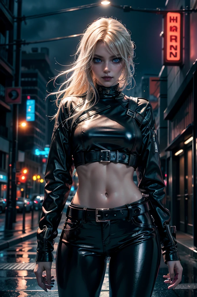 cowboy shot,a pretty 2 girl,blond hair,blue eyes,lora_Emma,slim athletic body,tight and stretched white blouse with buttons,button gap,short sleeves,ultra low rise black shiny latex pants,(double metal belt),empty studiobackground,((black coat on shoulders)),(tight sleeves),((barbell navel piercing)),(best quality,4k,8k,highres,masterpiece:1.2),ultra-detailed,(realistic,photorealistic,photo-realistic:1.37),dramatic lighting,cinematic,fashion photography,studio lighting,high contrast,vivid colors,beautiful detailed eyes,beautiful detailed lips,extremely detailed eyes and face,long eyelashes, touching hair