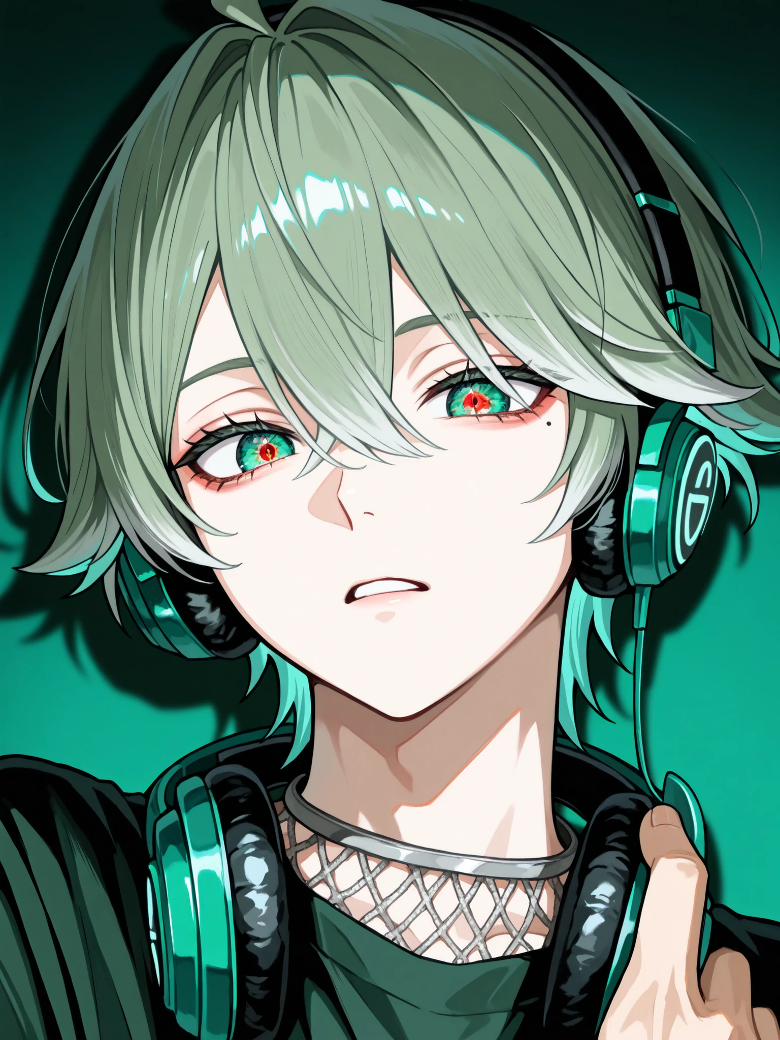 Best Quality,high resolution,male性,one person only,人物はmale性一名のみ,male！！！,
Hair color is ash green,short hair,Close to mash,Her hair is short,
with only one thin beige mesh on the right side of the hair,
easygoing face,and black cat ear headphones with an emerald line are worn around the neck,
The eye area is gentle,Change eye color to beige 