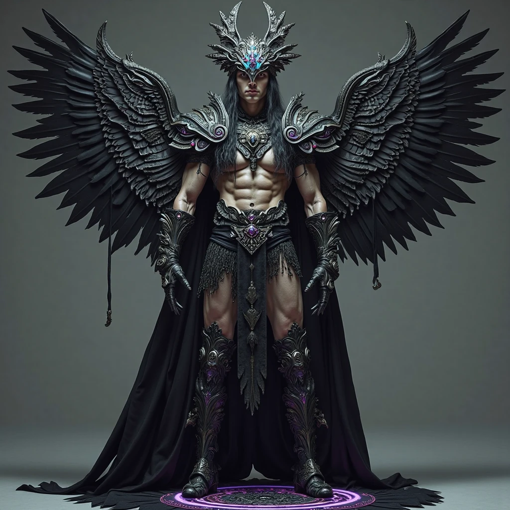 Model design，Tide play blind box，3D naked boy,GK, The whole body of the character，base，Wu Shixun，Raised sexy，coda，Long horns on the head，Transparent wings，Handsome cybernetic boy looking at camera lingerie detailed muscular reality masterpiece，musculous