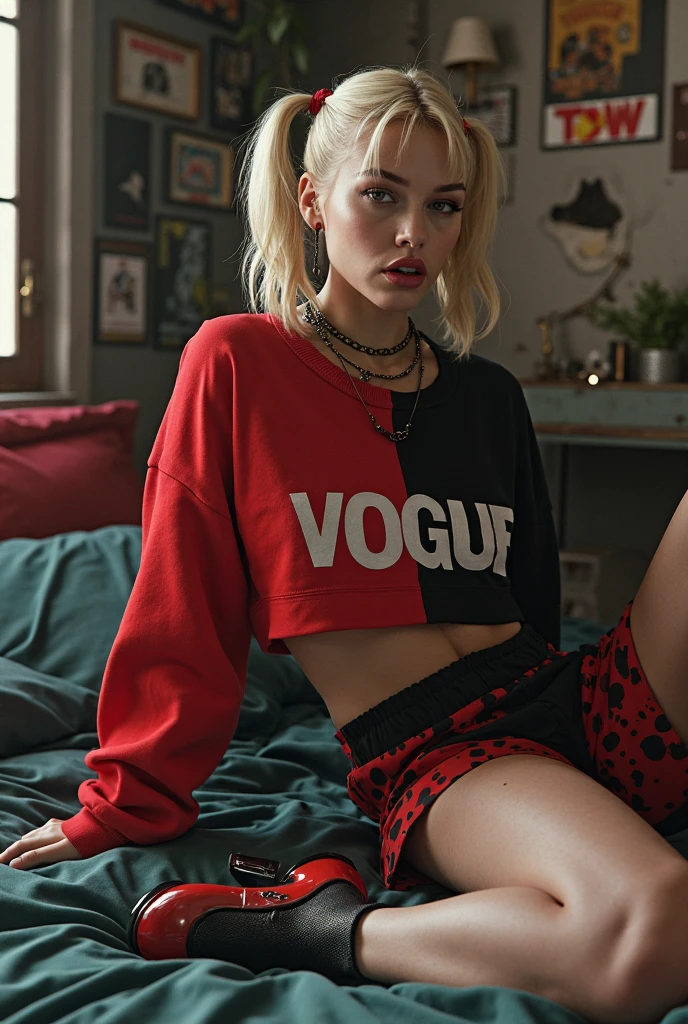 Woman in a night apartment with stars on a balcony standing voluminous girl with beautiful white skin long straight cherry red hair full lips with gloss flawless golden makeup made up eyelashes brown eyes chains with a cross oversized black sweater with elmo logo white shorts with black belt jeans style white high socks white sneakers