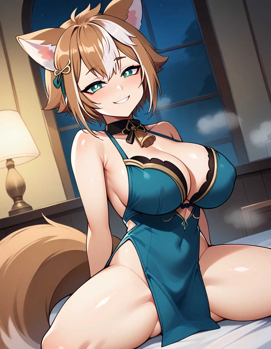 (masterpiece),(best quality),very aesthetic,(ultra-detailed),(illustration),nsfw,1girl,30yo,curvy,huge breasts,tall,stout build,bewitching,(blonde fox ears),lewd,(a fox tail),(blonde hair,short hair,messy hair),disheveled hair,(brown eyes),beautiful face,detailed dark green revealing kimono,Poisonous green colored pelvic curtain,(cameltoe:0.5),bare shoulders,half undress,light pink nipples,torogao,saliva,(scar on cheek,scar on breasts:1.2),(half-closed eyes:0.7),vulgarity,naughty face,orgasm,torogao,:o,lying,on back,spread legs,on futon,japanese room,indoors,drunk,dusk sky,cowboy shot,(motion for orgasm),BREAK,holding a hitachi magic wand,hands on crotch,massaging,using a hitachi magic wand for female masturbation,(a hitachi magic wand on pussy),(a hitachi magic wand trembling),POV