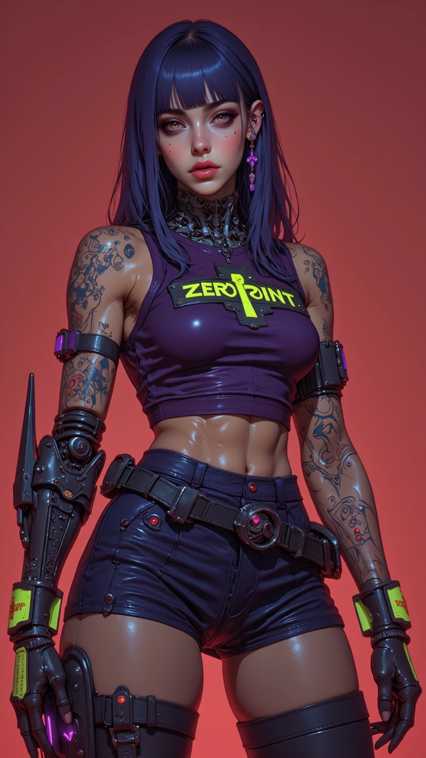 Male cyberpunk, purple hair, latex pants, neon, shaved undercut with mullet, punk