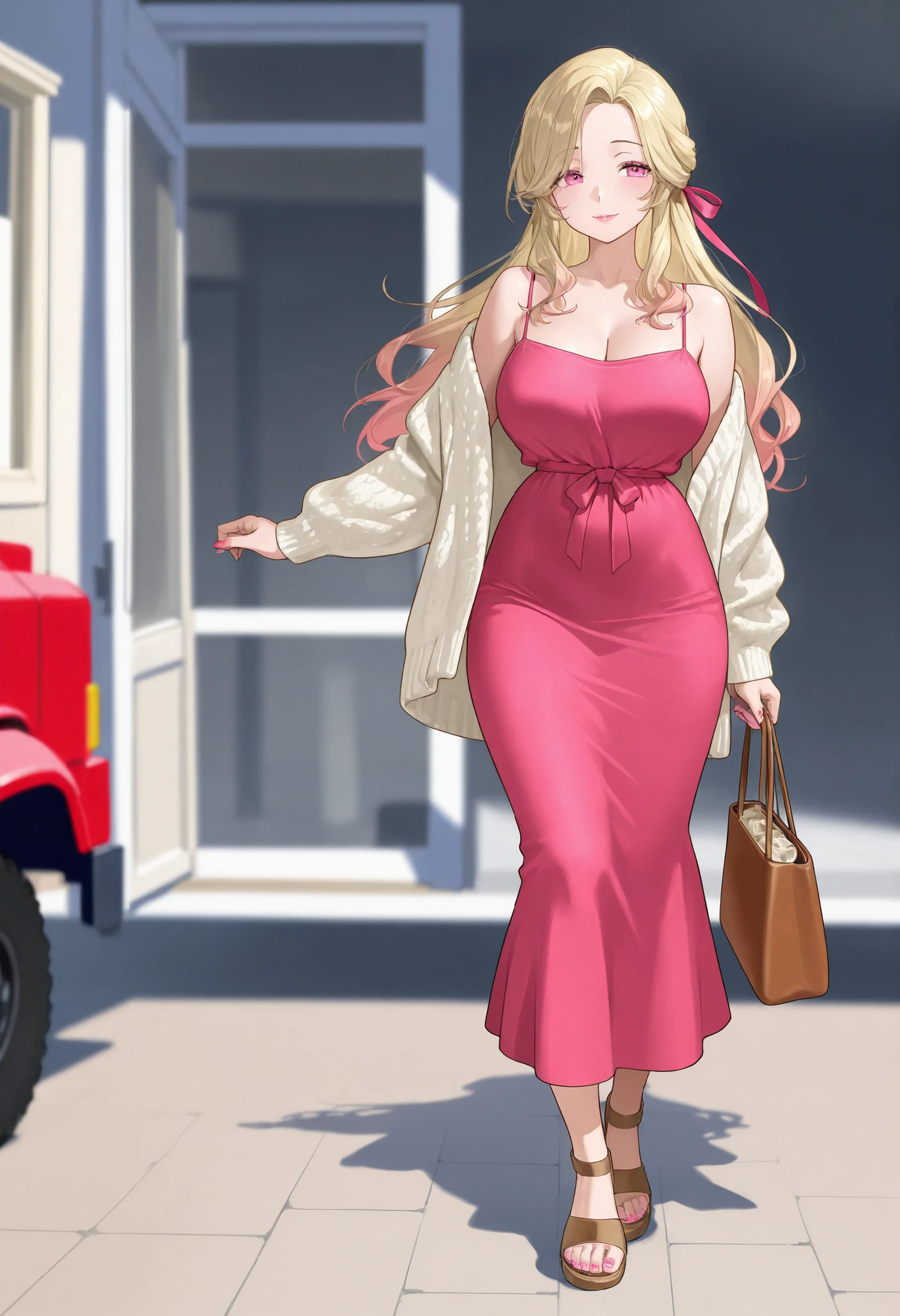 A mature extremely beautiful woman with blond hair, extremely fair white glowy natural skin, big pink eyes, red plump glossy lips, pink nails, a small slim waist, and a perfect slim yet curvy body. She's only wearing a short tight pink floral dress with spaghetti straps, a light-brown oversized front-open sweater worn in an off-shoulder style, one hair ribbon, a housewife hairstyle, and brown tall sandals. She's carrying a purse, standing straight, with a kind smile, and a big red jeep in the background. Show her full body.