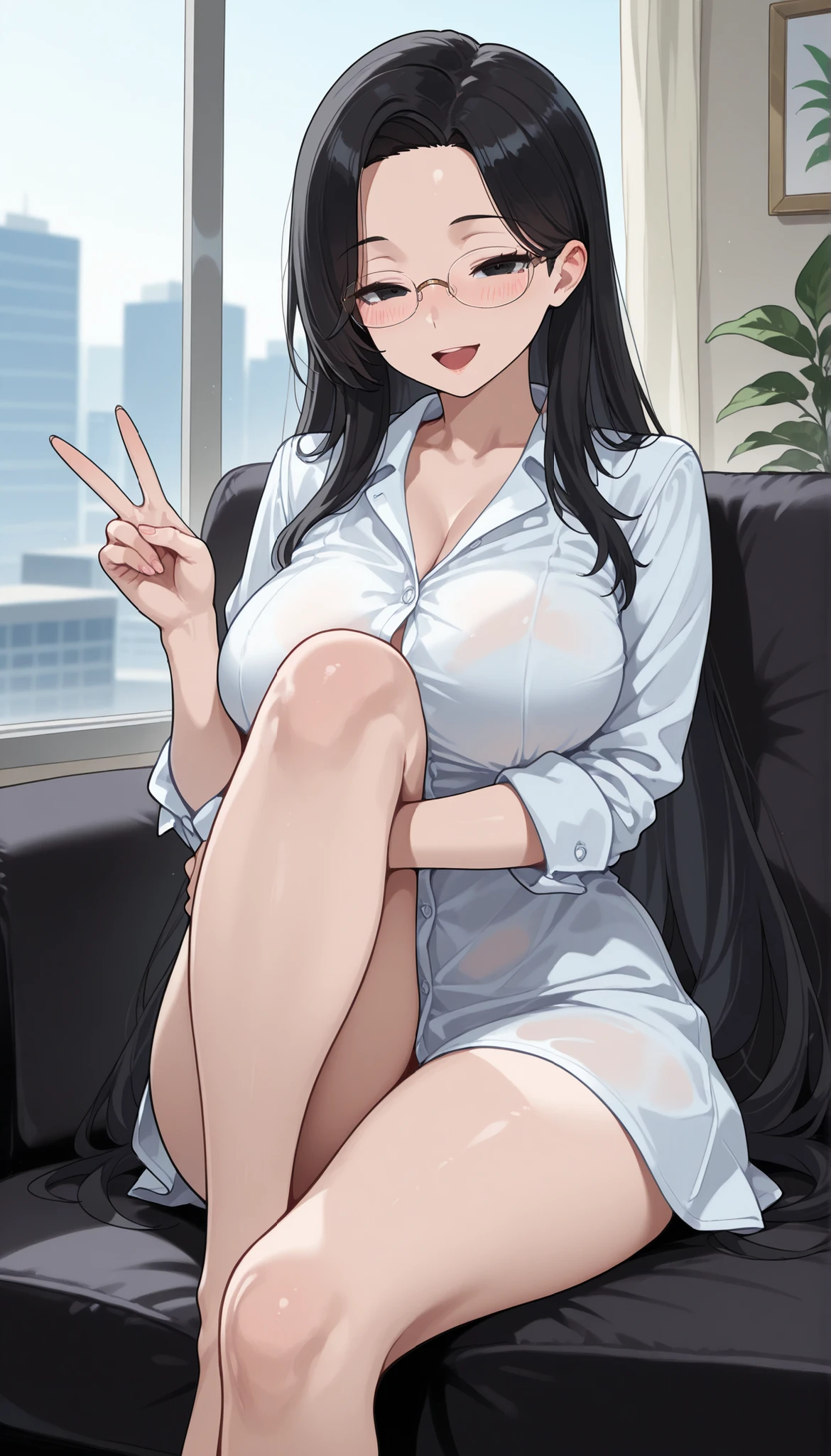 ((super high quality,Ultra-high resolution,4K,8k,super masterpiece,Ultra HD)),Dimly lit bedroom,On the bed,Lying down,One sexy woman,(popped collar White shirts),High collar,Tight collar,Black hair straight short,Sharp Eyes,Ahegao,smile,blush,sexy,Pearl Earrings,Pearl Necklace,wedding ring,Put your hands on your head,Sweaty,Spread your legs,Big penis,Penis insertion,semen,Drooling,Hold the cell phone to your ear,