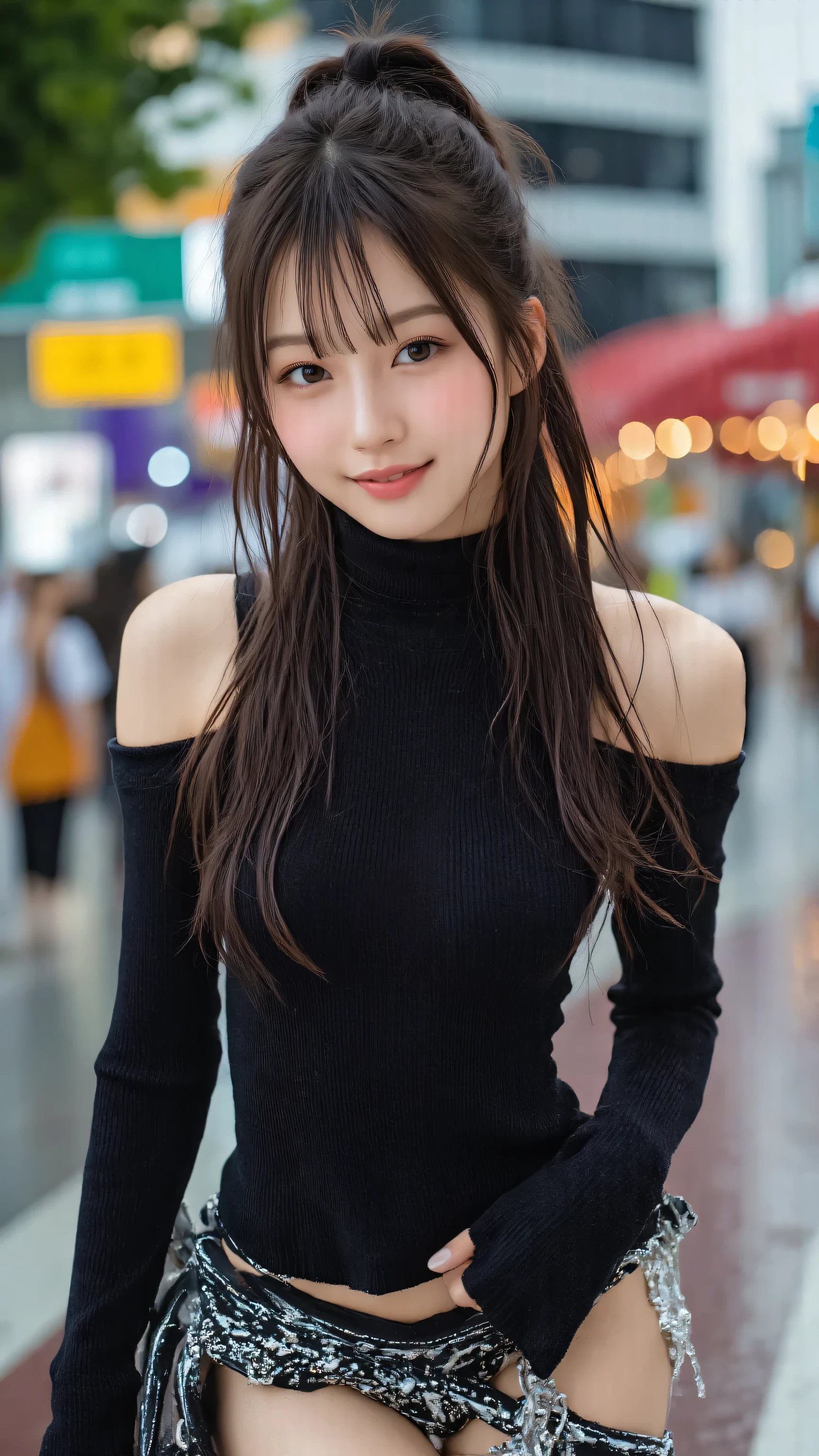 An alluring Japanese woman framed in an upper-body shot by a pro photographer, standing on a vibrant urban street with modern architecture glowing behind her. She wears a plush turtleneck sweater in rich ebony that clings softly to her torso, highlighting her graceful curves. Her long, silky black ponytail falls over her shoulder, catching the light with a natural sheen, while she cradles a structured leather handbag with clean lines. The shot captures her from the midsection up, emphasizing her poised stance and chic elegance. The background softens into a lush bokeh effect, accentuating her natural beauty and detailed textures. Shot with a Leica SL3, APO-Summicron-SL 75mm f/2 ASPH lens, the photo radiates timeless sophistication, razor-sharp detail, and a serene urban mood.