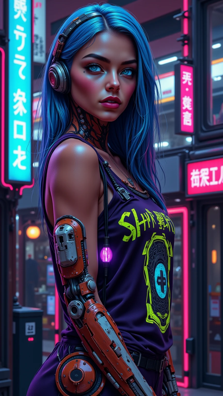 detailed cinematic photography of Beautiful teen cyberpunk , tribal tattoos, a beautiful cyberpunk cell, standing proud, neon lit, she oozes seduction, abstract beauty, near perfection, pure form, intricate detail Outrageously stunning detailed photo realistic cinematic photography