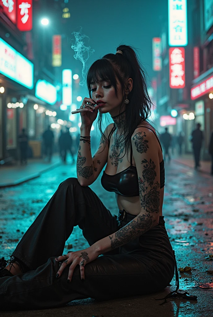 arafed woman with tattoos smoking a cigarette in a carousel, (( smoking a cigarette)), Smoke from cigarettes、Cai Xukun, ((wearing boots)), Cai Xukun, of taiwanese girl with tattoos, Inspired by Elsa Breda, Written by Emma Andijewska, with tattoos, tattooed, inked, Inspired by Kim Duk-shin, tattoo, The aesthetics of War Paint, yakuza slim girl, Neutral person, by Mika Klein