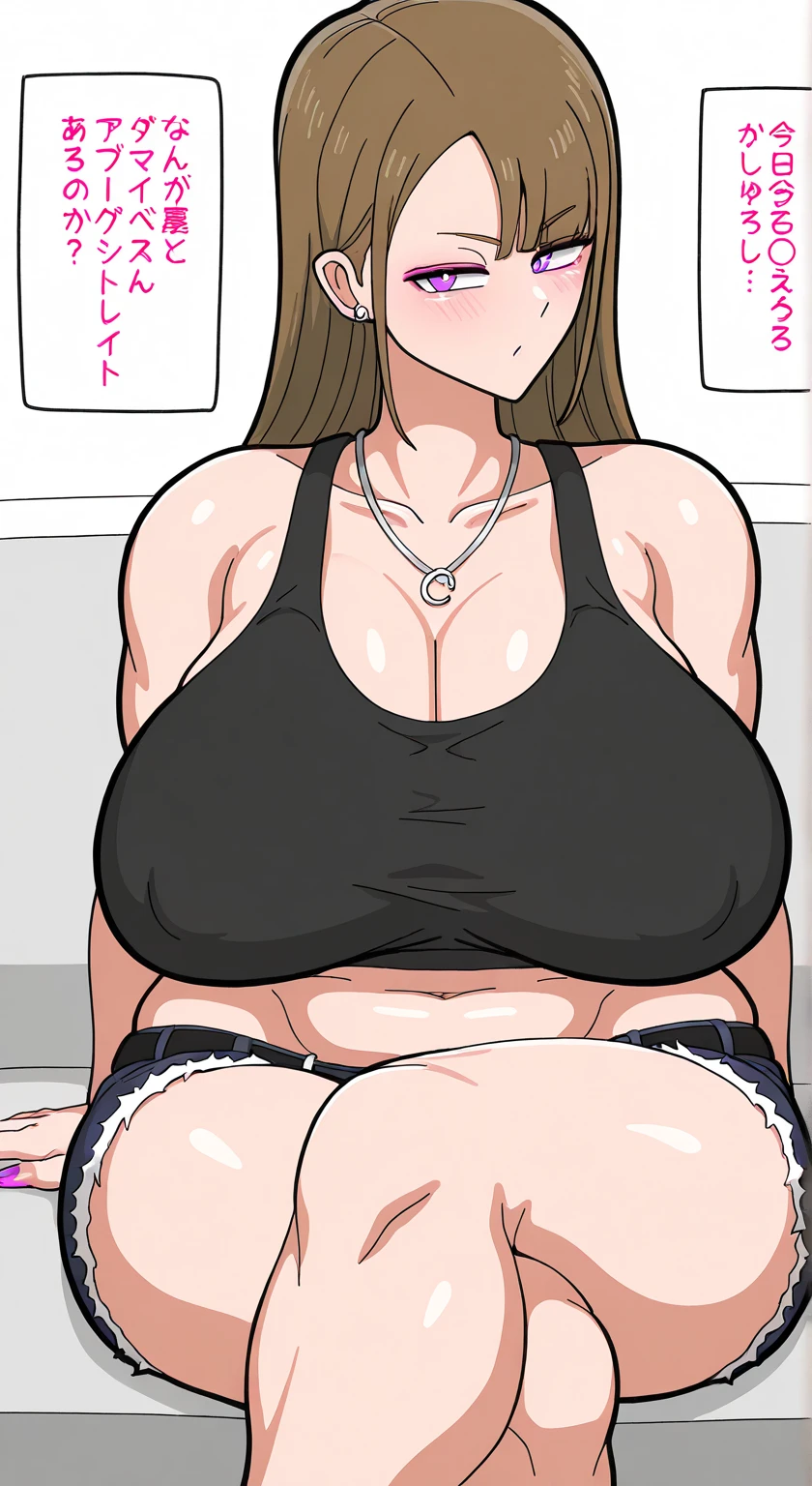 master piece, 1girl, solo, long hair, looking at viewer, :) , open mouth, large breasts, brown hair, BLACK SWEATER, hair ornament, pink eyes, wide eyed, constricted pupils, collarbone, braid, nude, single braid, scrunchie, hair over shoulder, hair scrunchie, blue pants, mature female, wide hips,(SMILE SADISTIC) (CHOKER)