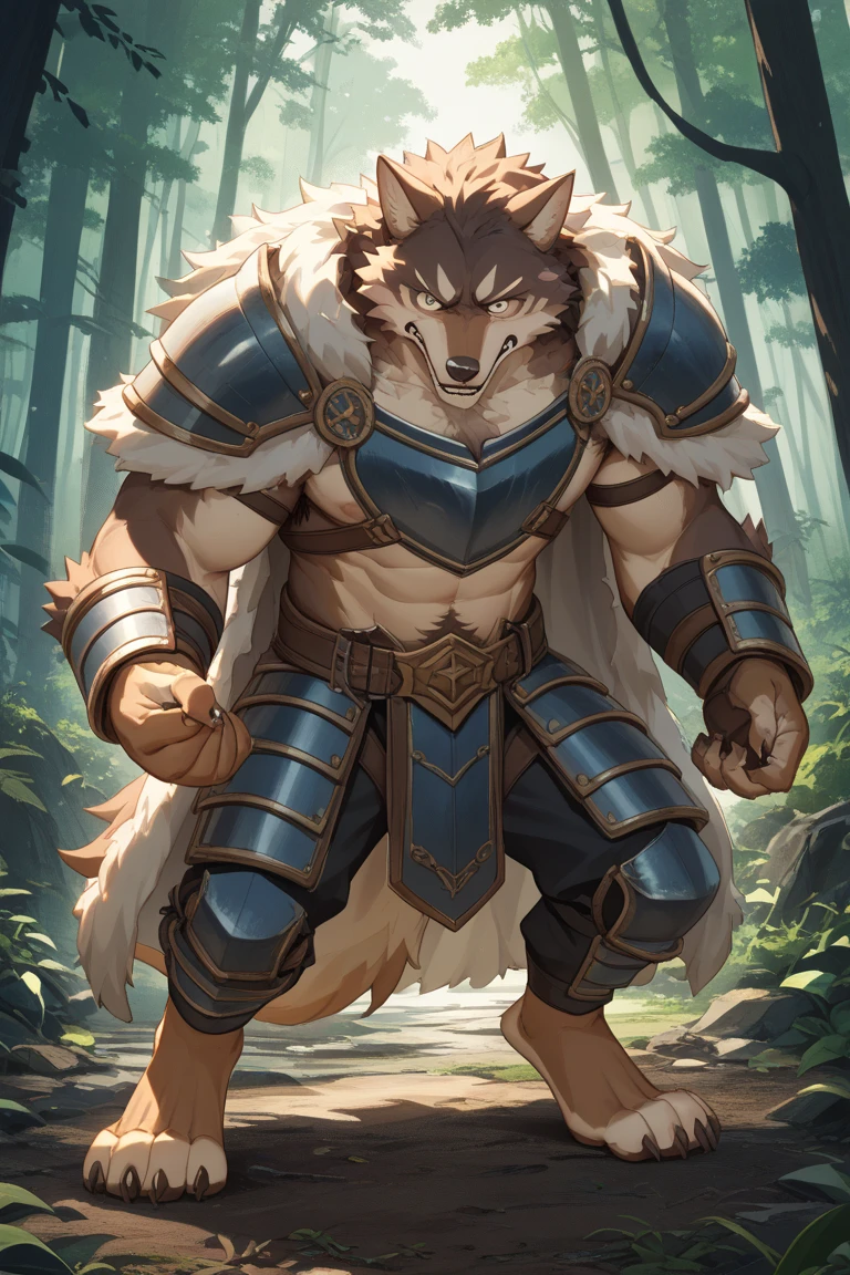 (Werewolf warrior), in a forest, looking at viewer, (detailed fur texture:1.5), (grey fur:1.3), (black mane:1.5),(red canine eyes:1.3) (incredibly detailed and intricate:1.4), (quality:2), (4k:1.3), (8k:1.3) (wfa colors, wfa lighting, wfa shadows:1.3), (jaykat anatomy:1.3) (taran fiddler anatomy:1.3), (wfa hands:1.3), (wfa anatomy:1.5), (correct anatomy of hands:1.3), (digitigrade:1.3) (correct anatomy:1.3), (detailed canine face:1.3), (Detailed canine teeth:1.4), (detailed canine fangs:1.4), (detailed canine eyes:1.4), (detailed canine Claws:1.4), (Detailed bulge:1.4), (leather armor:1.3), ((Holding a sword))