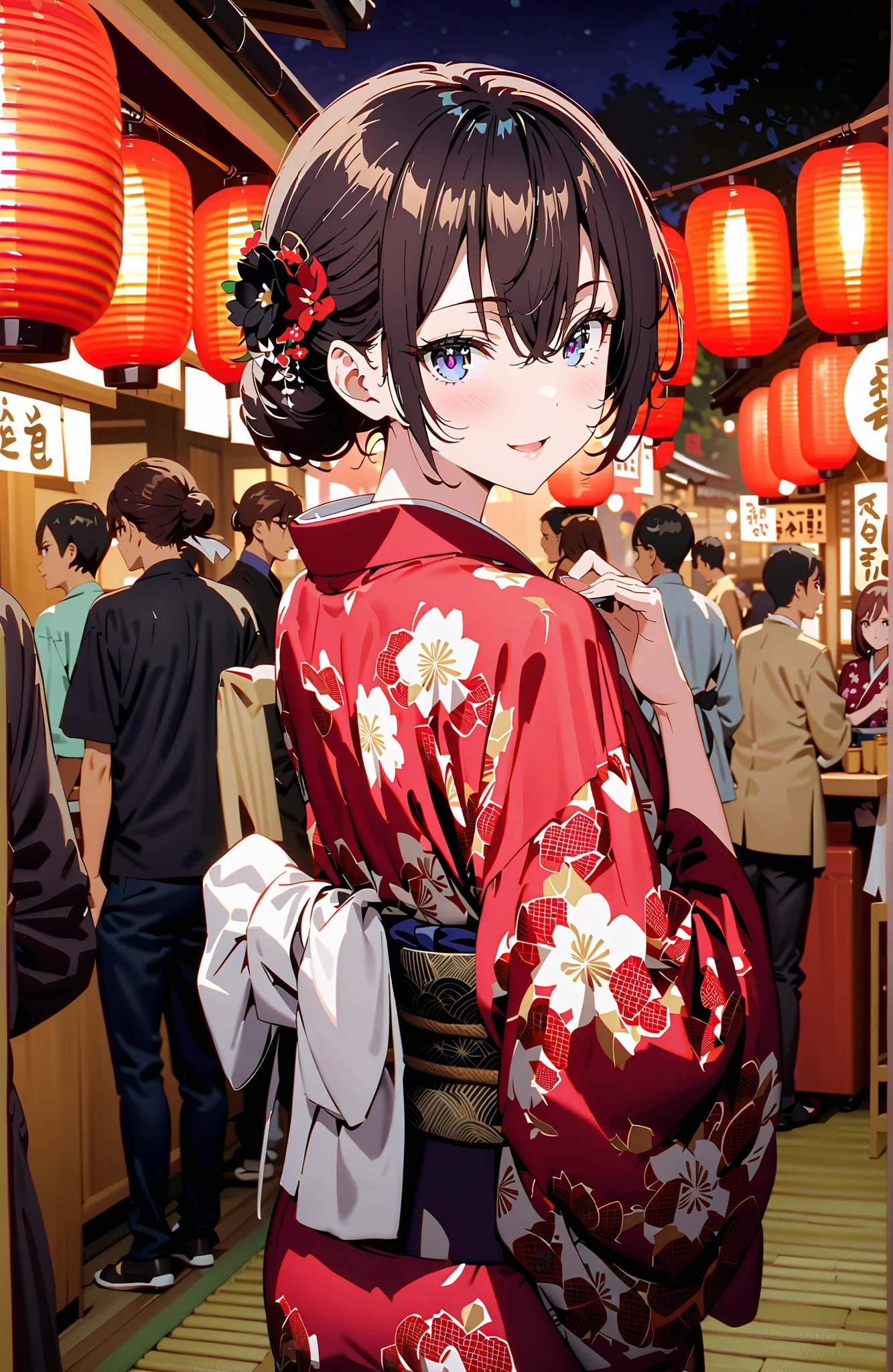 yuki suou, bungs, brown hair, black hair with a young pattern,side lock, smile,cover,open your mouth,single bun hair,Nape, o, purple eyes,flower hair ornament,Black flower pattern kimono,Light up fireworks,Japanese stalls ,night,Red Lantern,standing,full bodyがイラストに入るように,break outdoors, Japanese Festival,
break looking at viewer,full body,
break (masterpiece:1.2),Best Quality ,Kampala,unity 8k 壁紙,(shape:0.8),( fine and beautiful eyes :1.6),It's a person ,full body写真,CG Details , (perfect hand,complete anatomy),
