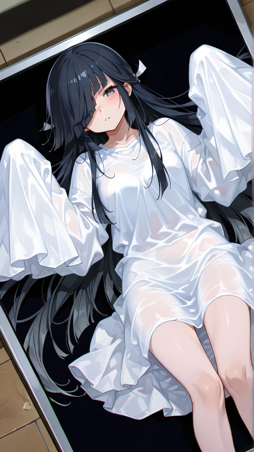 overhead shot、Showing nipples、Zashiki-warashi、Apparition、ghost、Japanese style、Shoji screen、tatami、ghost屋敷、darkness、Late Night、kimono、Bob、Girl、Girl、Younger、Baby Face、flat chest、Black Long Hair、Dynamic Angle、Glaring、Eyes open、ball、Flower Hair Ornaments、Geta or bare feet