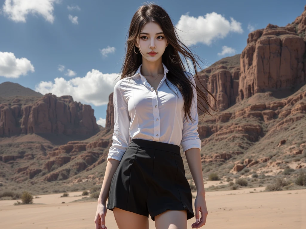 c.c., poker face, , (masterpiece, best quality, Very detailed, Best shadow, Volumetric Lighting), (Beautiful and delicate face, Beautiful and delicate eyes), (Optimal lighting),, Orange Eyes, Very long hair, (White tights:1.4), Black Belt, , (Cowboy shooting:1.3), intense angle,, MKSK Style, Beautiful background, Professional lighting, Warm landscape,