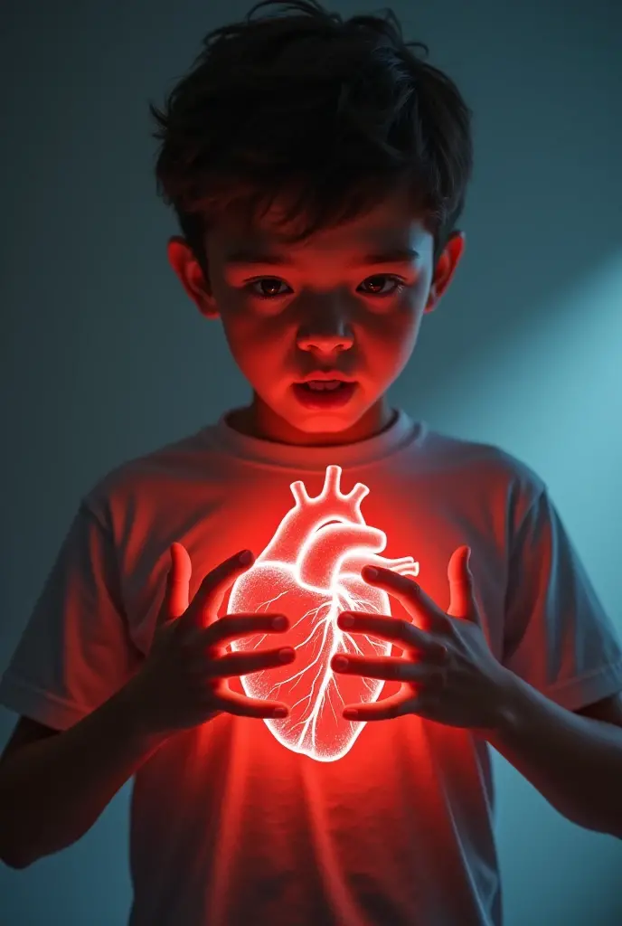 Create a super high image for me that appears in a digital art style that combines realism and surrealism, image showing the Prophet Muhammad ﷺ as a young boy, placing his hand over his heart. The heart is shown glowing with warm colors such as red and orange, with subtle glow effects. The blood is visible but processed in a way that makes the image appear symbolic and unobtrusive. The Prophet's facial expression reflects focus and reassurance, while the background is plain to highlight the scene."