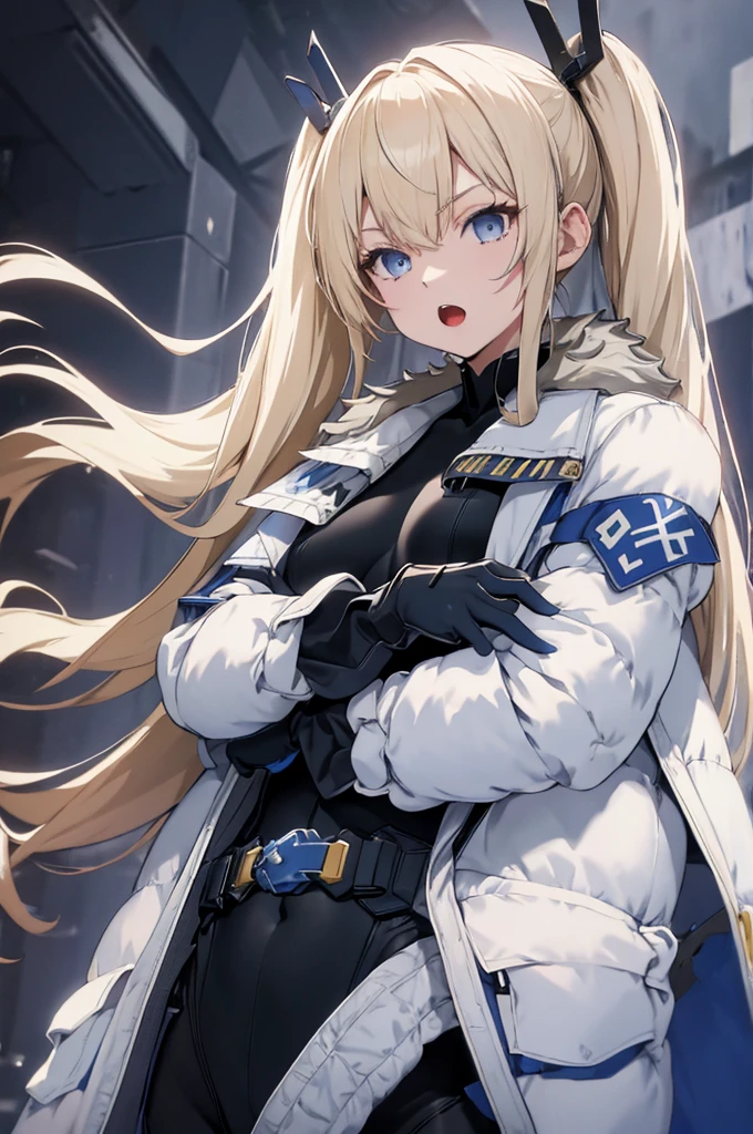 masterpiece, highest quality,laplace,hair ornament, white coat, belt, black bodysuit, fur trim, gloves, blue boots,upper body,open mouth, embarrassed ,blush,(spread legs:1.3),(legs up),(cameltoe:1.3),