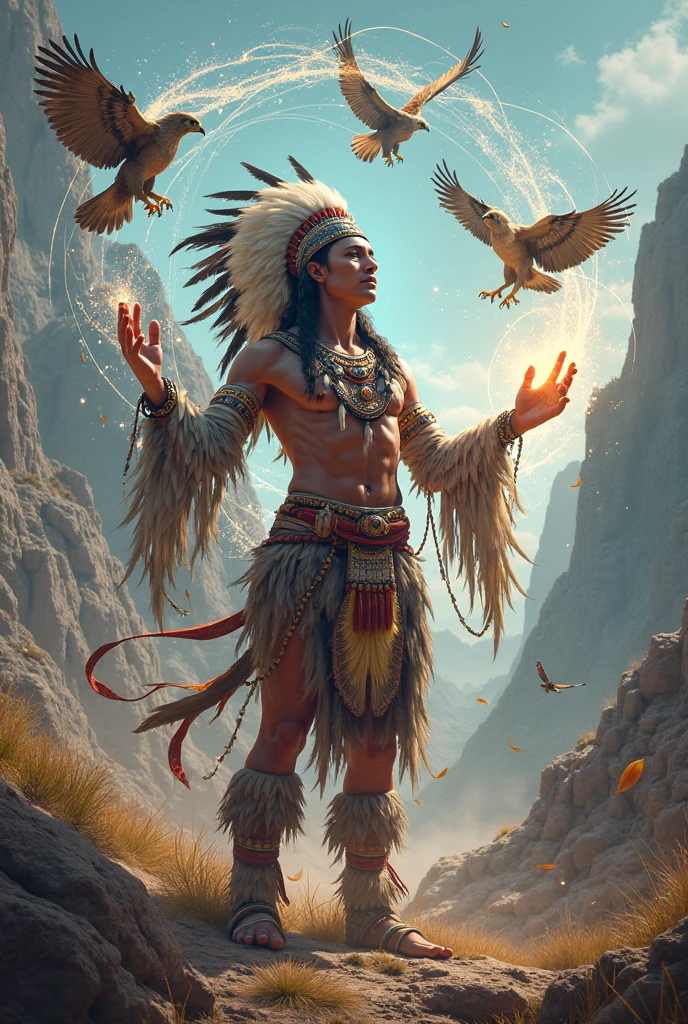 Absurdity, 16k, HD, Realistic motion effect photograph of a strong Native American man, dancer named Tachini Drums, in full traditional regalia performing a dance at a pow wow gathering. The photograph is taken from a lower angle to capture the movement of the dance and showcase the intricate details of the regalia. To create the motion effect, a longer exposure time is used to capture the blur of the movements, and subtle motion blur effect is added in post-processing. The regalia is vibrant and incorporates feathers, beads, and ribbons in the colors black, white, red, neon yellow, and orange. Tachini Drum's face is painted with black battle paint to symbolize victory and the spirit of death. --auto
