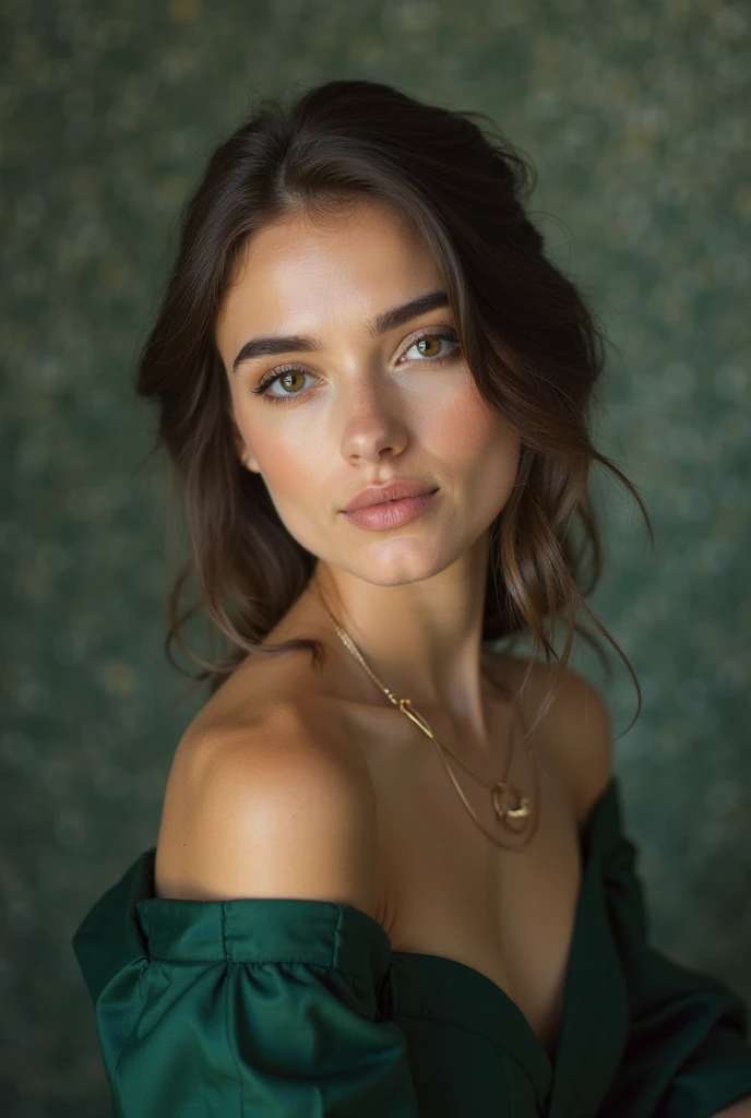 Femme sublime ,Bronze, avec des yeux grand ouverts vert, luscious lips, brune, High quality, well detailed, from front shot, European